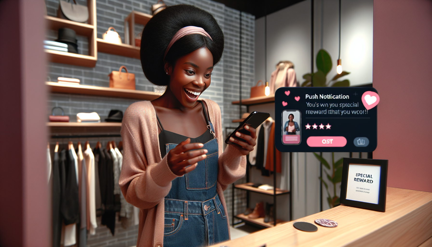 A woman is excitedly looking at her phone in a clothing store. A pop-up message on her virtual loyalty card app reads, "Push Notification: You've won your special reward that you won!" with options to "JST" or "OK".