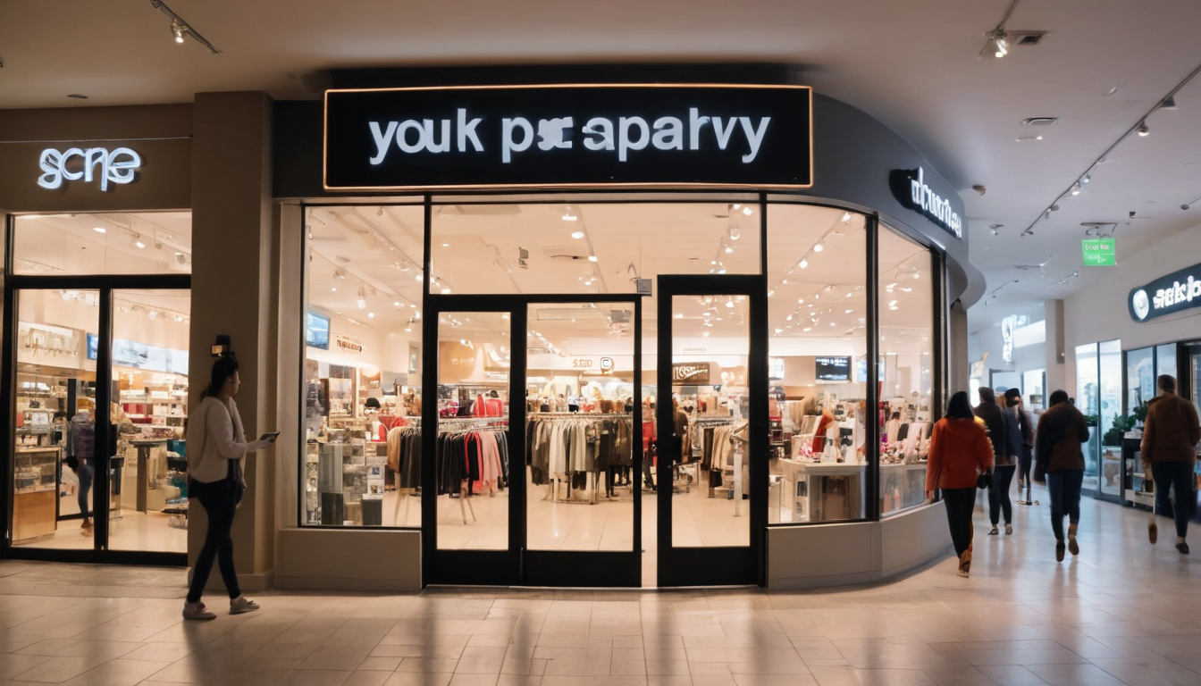 Front view of a clothing store in a shopping mall titled with an unreadable sign. Shoppers are walking past and inside the store, which is well-lit and stocked with various apparel. Customer retention benefits are evident as loyal patrons browse the curated collections.