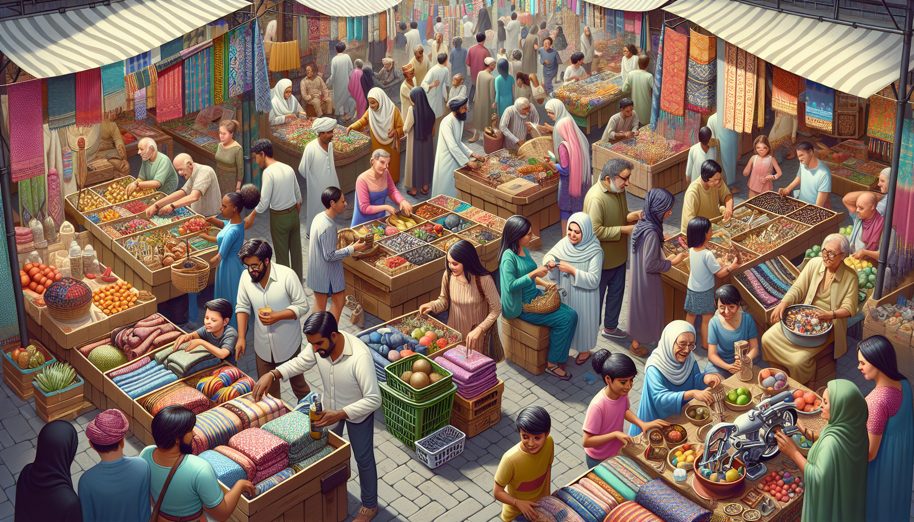 A bustling outdoor market with numerous stalls selling various goods, including textiles, spices, fruits, and vegetables. People of different ages and backgrounds are shopping and interacting, drawn by innovative brand loyalty initiatives that reward their frequent visits.