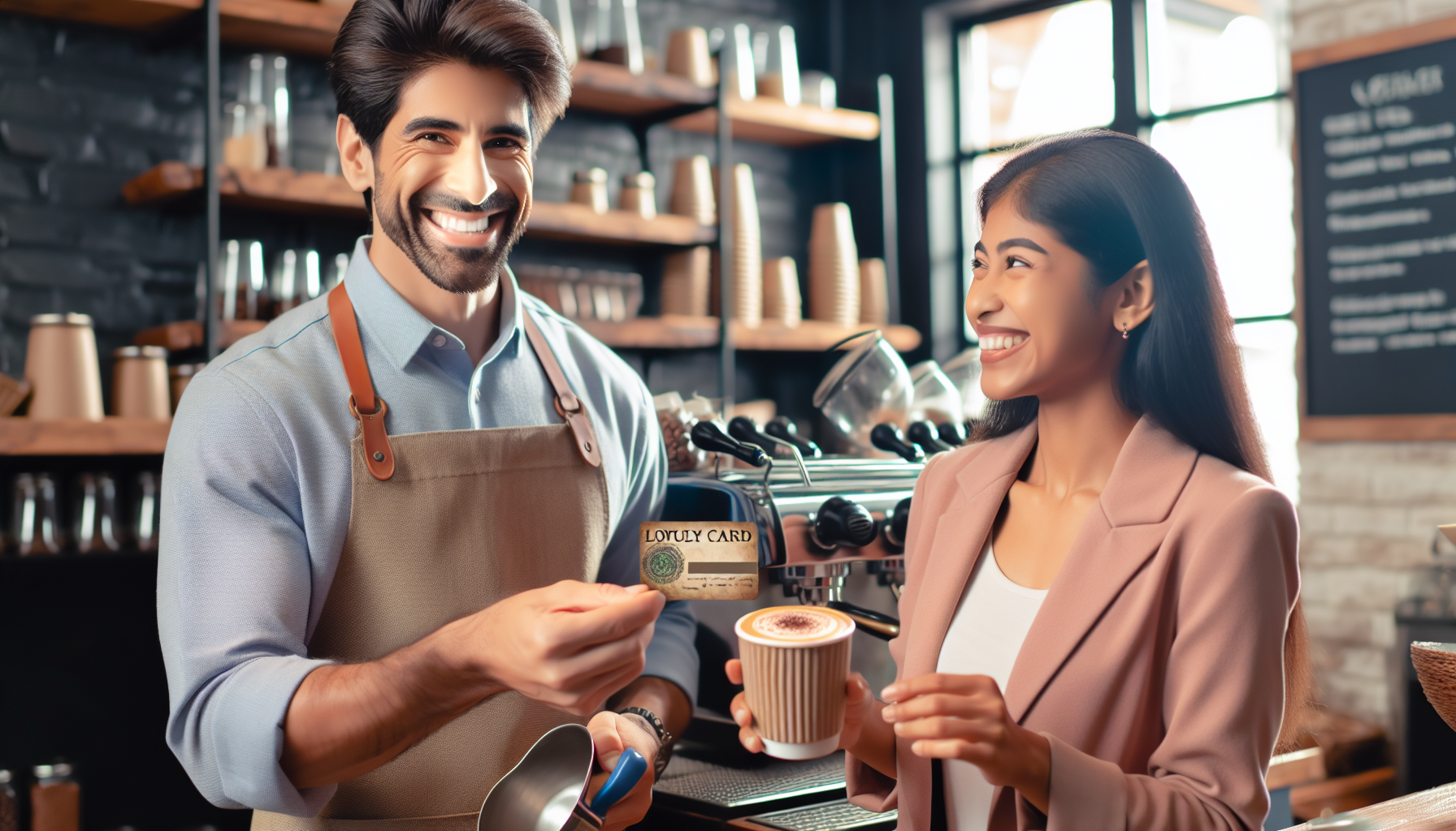 Barista serving a coffee to a smiling customer at a coffee shop counter. The barista is holding a loyalty card, and both are engaged in a lighthearted conversation about the brand's reward systems.