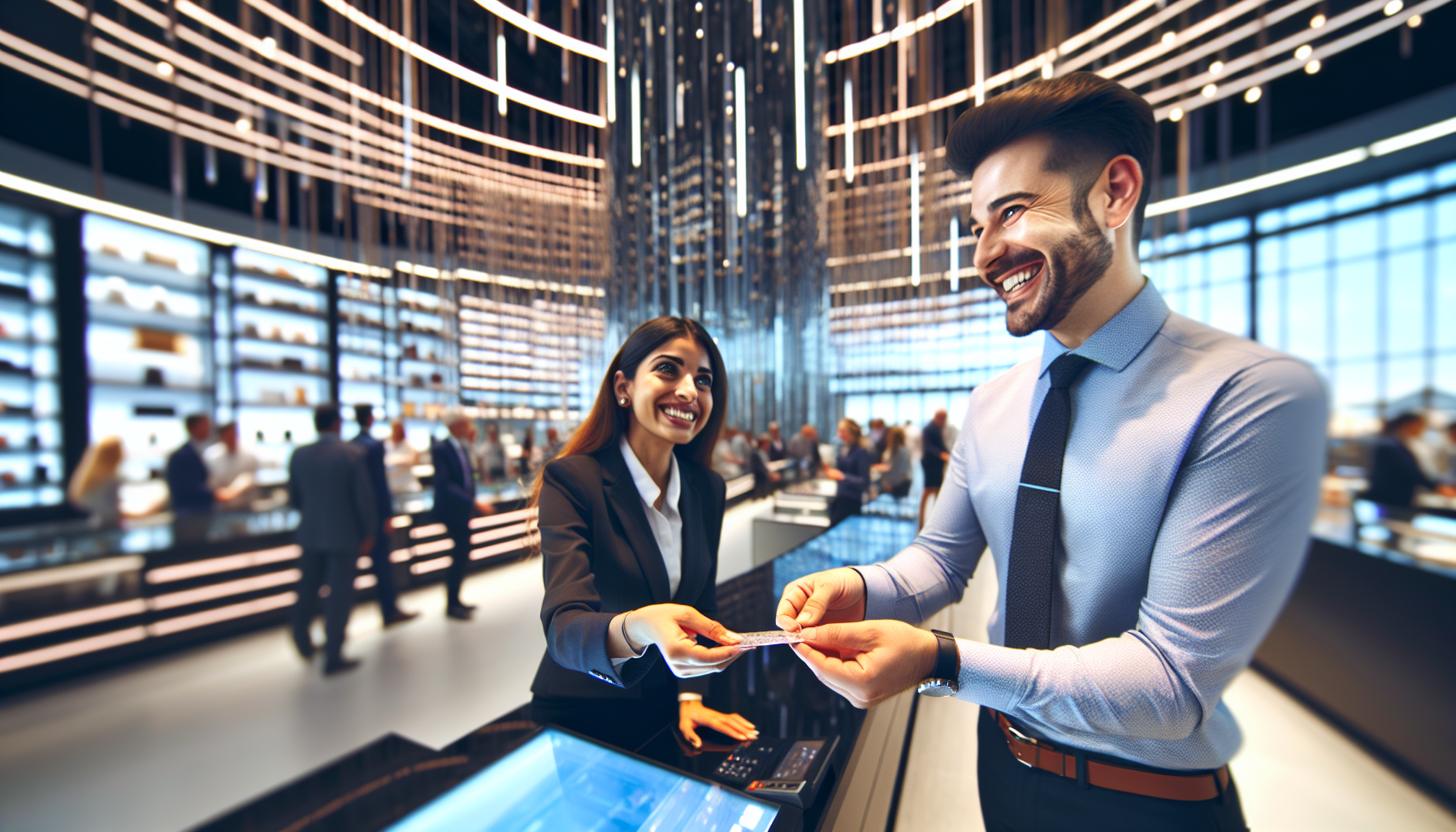 A man and a woman smiling and exchanging a purchase over a counter in a modern, well-lit retail store with other customers in the background, showcasing strong customer engagement.