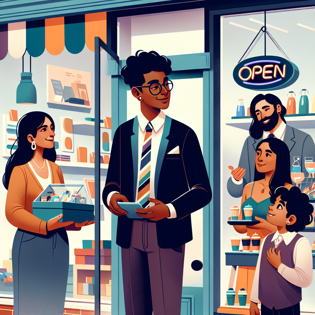 Illustration of a group of people standing at the entrance of a shop with an open sign. One person is holding a smartphone, another person is holding a box, and a child looks up at an adult—highlighting the impact of customer engagement software in fostering community interaction.