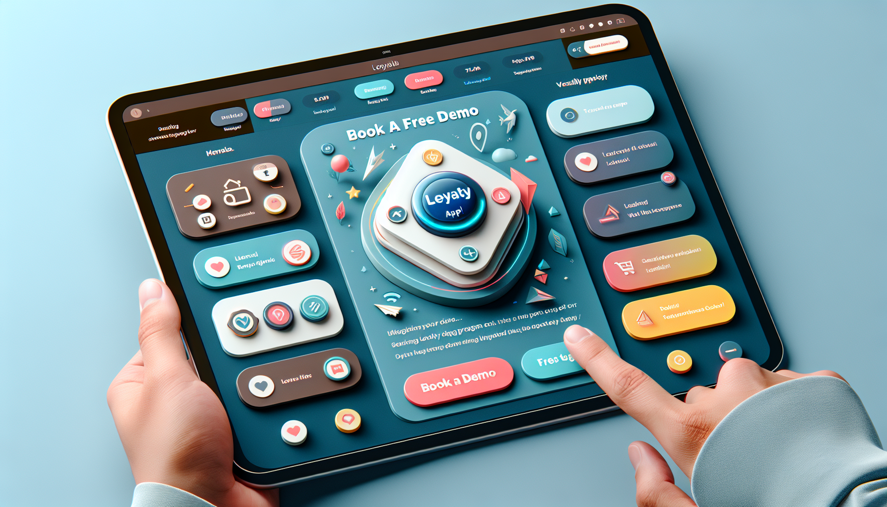 A person using a tablet displaying a colorful app interface with buttons and menus related to loyalty metrics and booking a free demo.