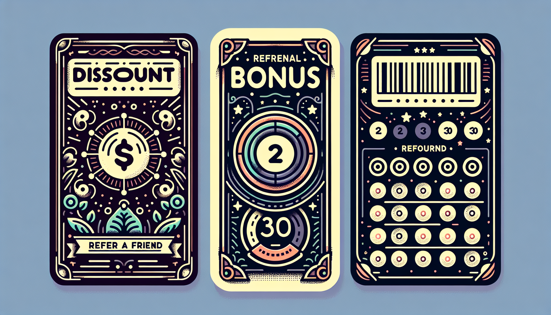 Three stylized cards with intricate designs on a blue background highlight "Discount," "Referral Bonus," and a barcode-driven "Refund" theme, perfectly capturing the essence of our Photography Loyalty Program's exclusive customer rewards.