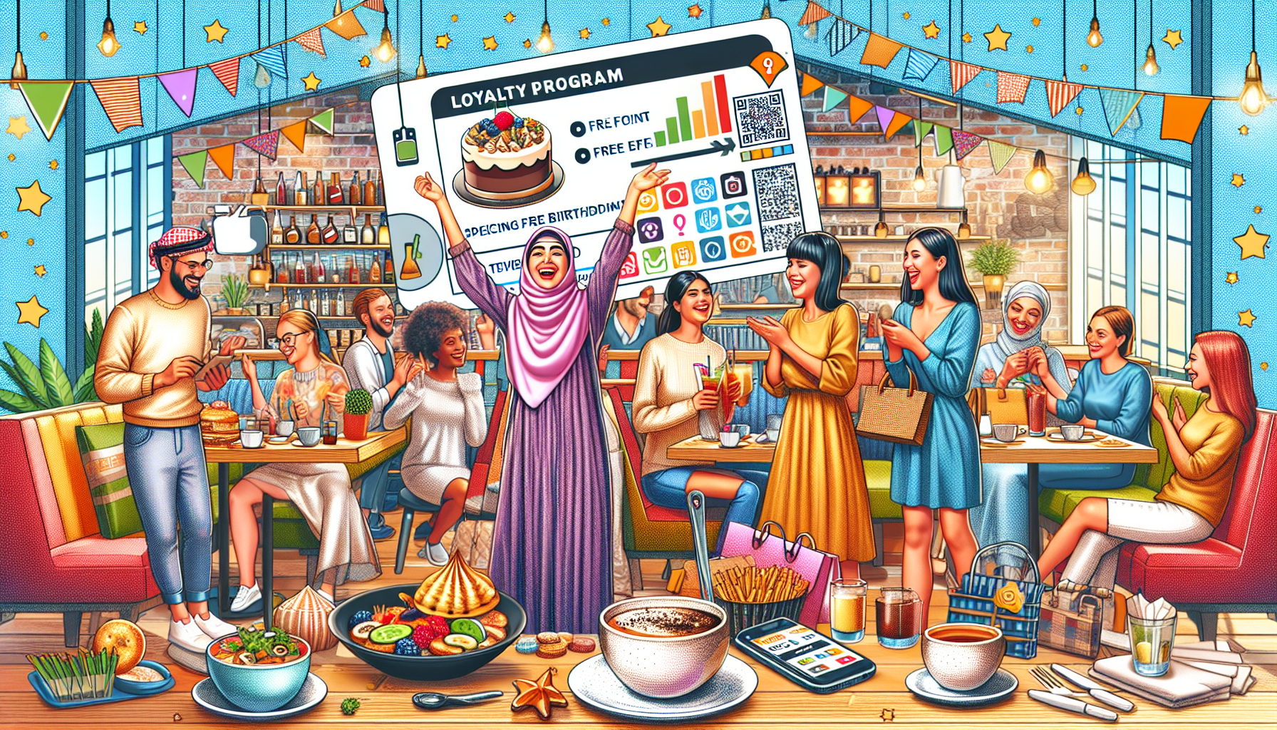 A diverse group of people celebrating in a brightly decorated café. A person in a colorful outfit is holding a large loyalty program card, showcasing the restaurant's rewards program. Tables are filled with food and drinks, creating a festive atmosphere.