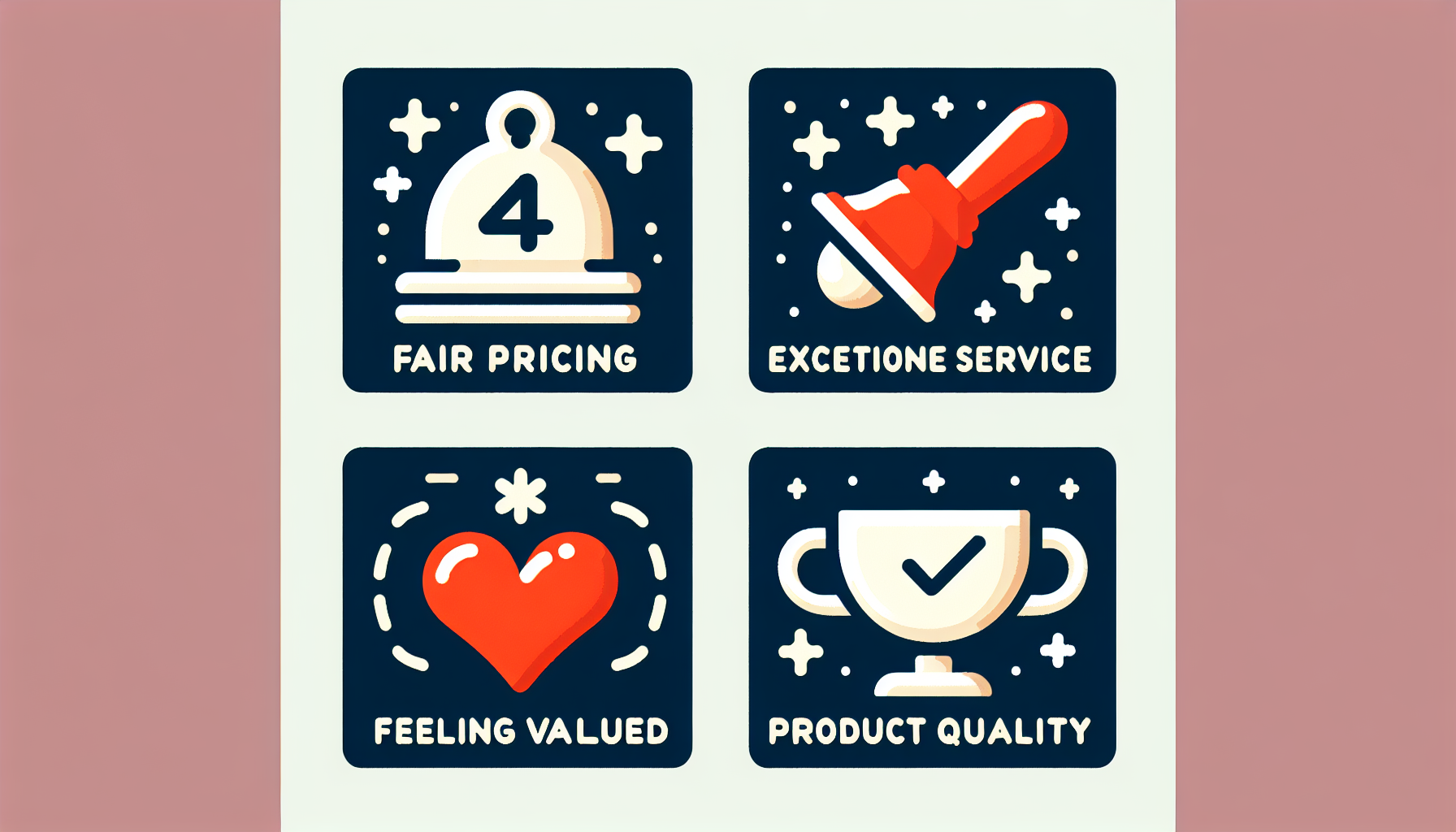 A grid of four icons with text: a bell and "Fair Pricing", a bellhop bell and "Exceptional Service", a heart and "Feeling Valued", and a trophy and "Product Quality". Each icon perfectly aligns with modern client preferences.