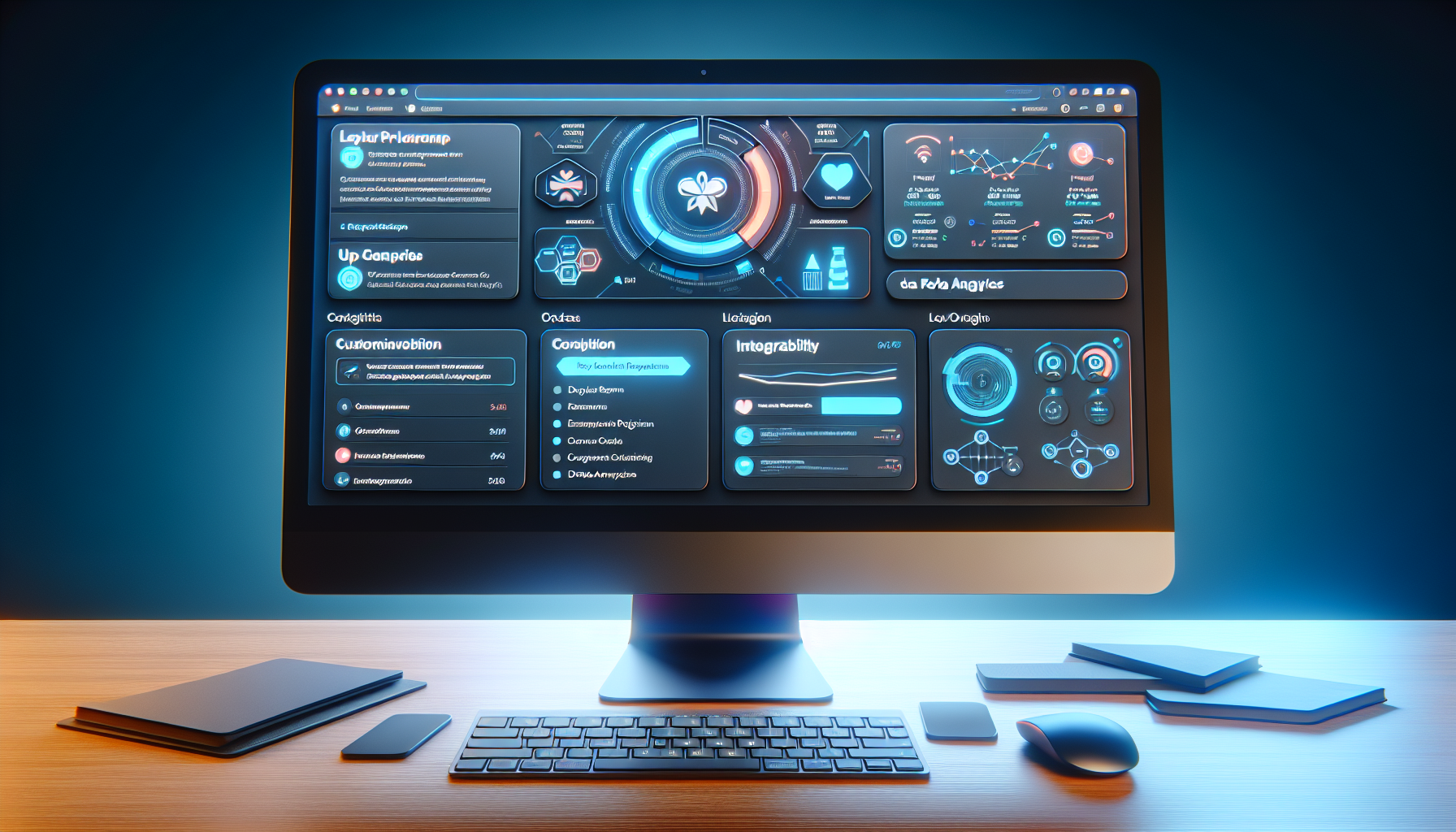 A desktop computer displays a futuristic dashboard with blue and orange graphics, showcasing charts and data visualizations for a loyalty software. Office supplies are arranged neatly on the desk, creating an organized workspace.