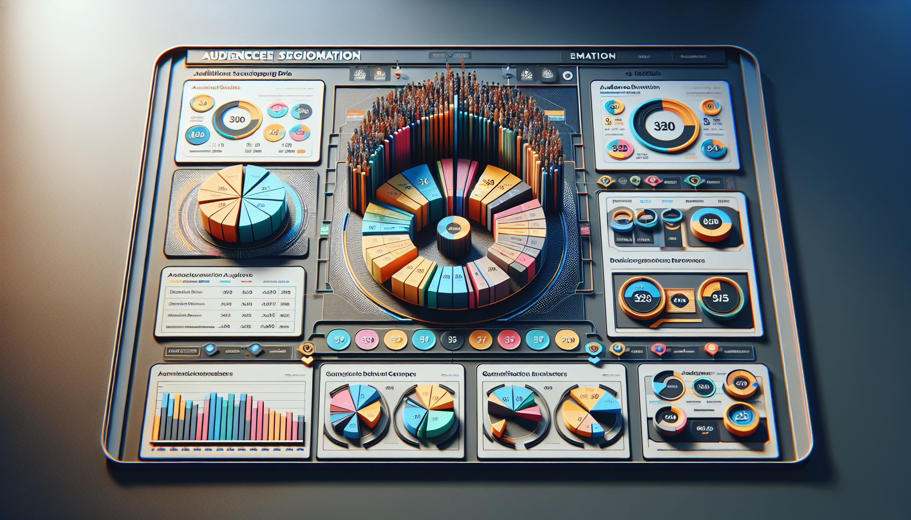 A vibrant dashboard with colorful 3D charts and graphs showcases data on audience segmentation, emotions, and demographics, integrating insights from Loyalty Solutions to enhance customer engagement.