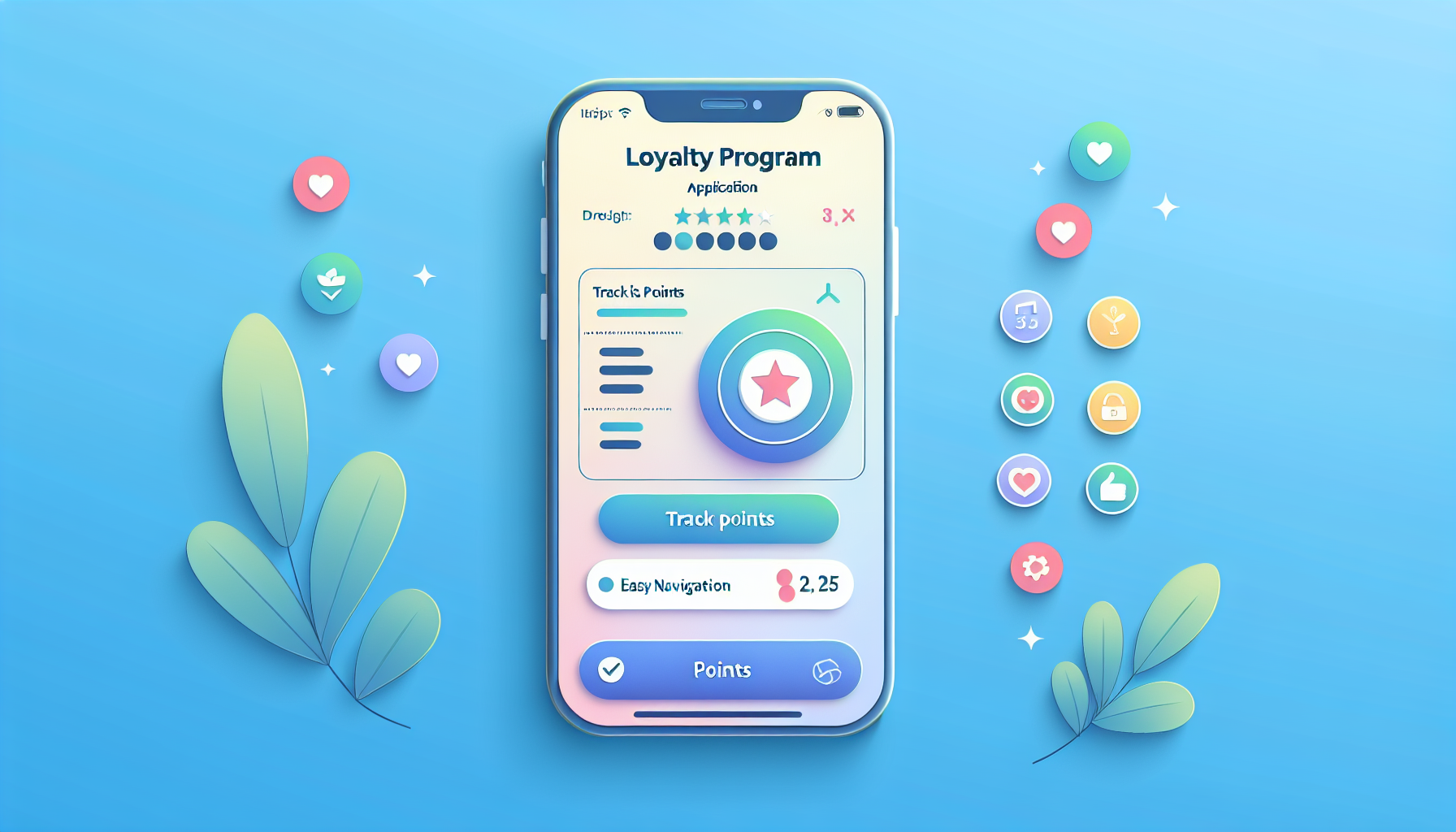 A smartphone showing a loyalty program app interface with various icons and a points tracker, perfect for customer loyalty programs for restaurants. The background is light blue, adorned with plant and heart icons.