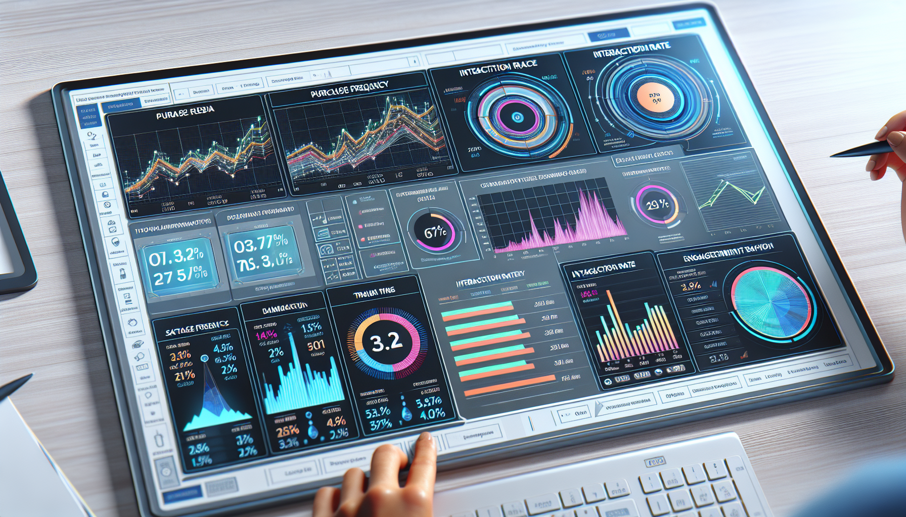 Person analyzing data on a large touchscreen displaying various graphs, charts, and statistics related to performance metrics, personalized marketing, and customer retention strategies.