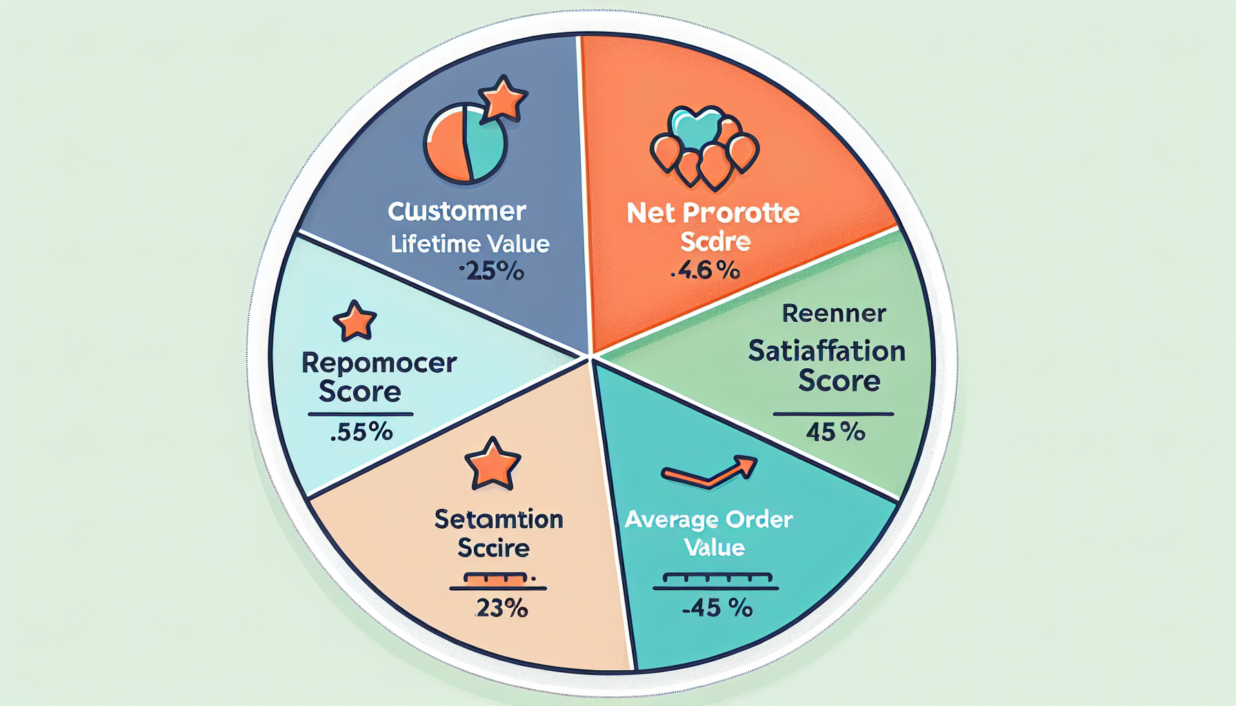 A pie chart displaying various business metrics: Customer Lifetime Value (25%), Net Promoter Score (-4.6%), Repurchase Score (55%), Retention Satisfaction Score (23%), and Average Order Value (45%)—all essential for measuring customer loyalty.