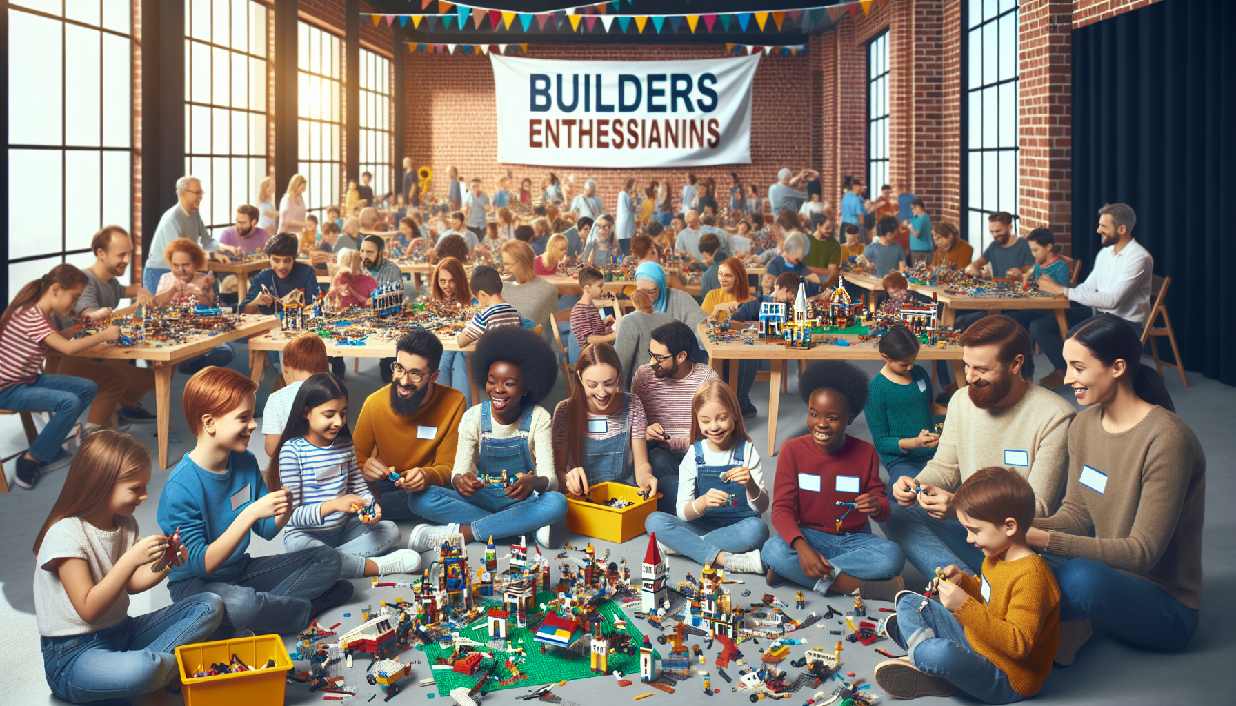 A large group of people, including children and adults, are building LEGO structures together in a spacious, well-lit room with a banner reading "Builders Enthessianiins" hanging on the wall. Participants earn points-based rewards through our exclusive customer loyalty program.