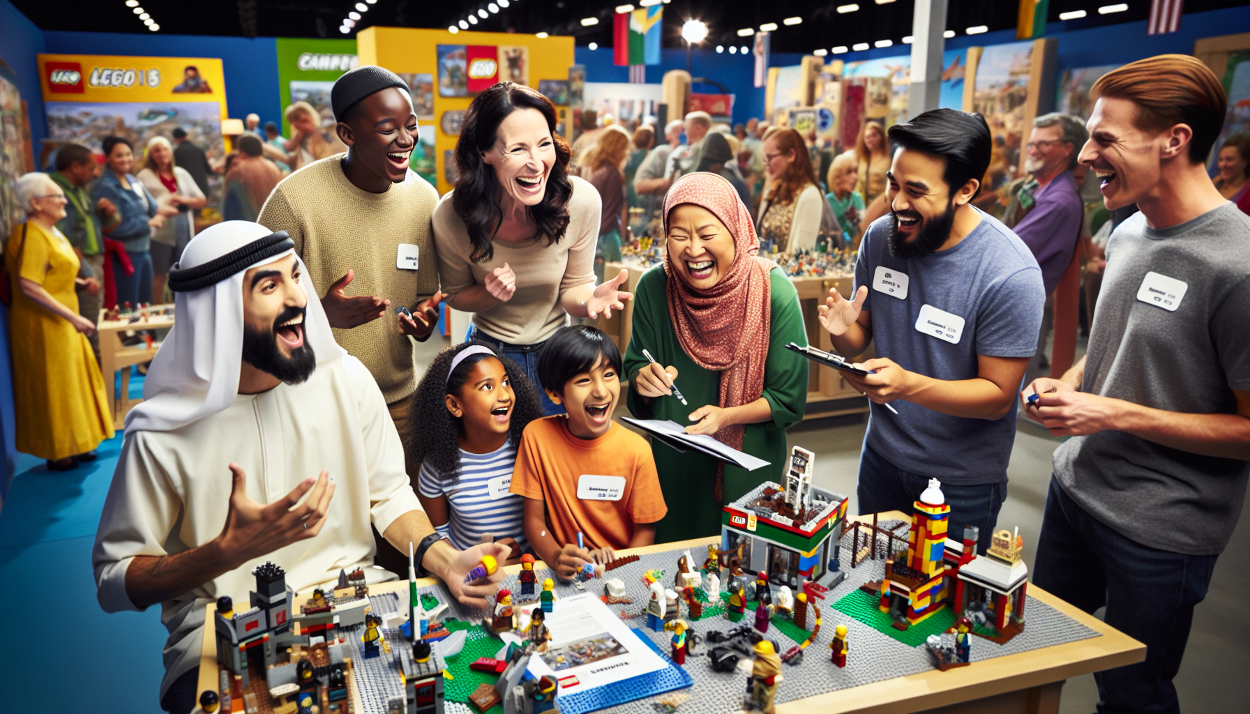 A diverse group of people laughing and enjoying a LEGO exhibit at a convention, with various LEGO builds on the table. Name tags are visible on their shirts, showcasing effective loyalty schemes in action.