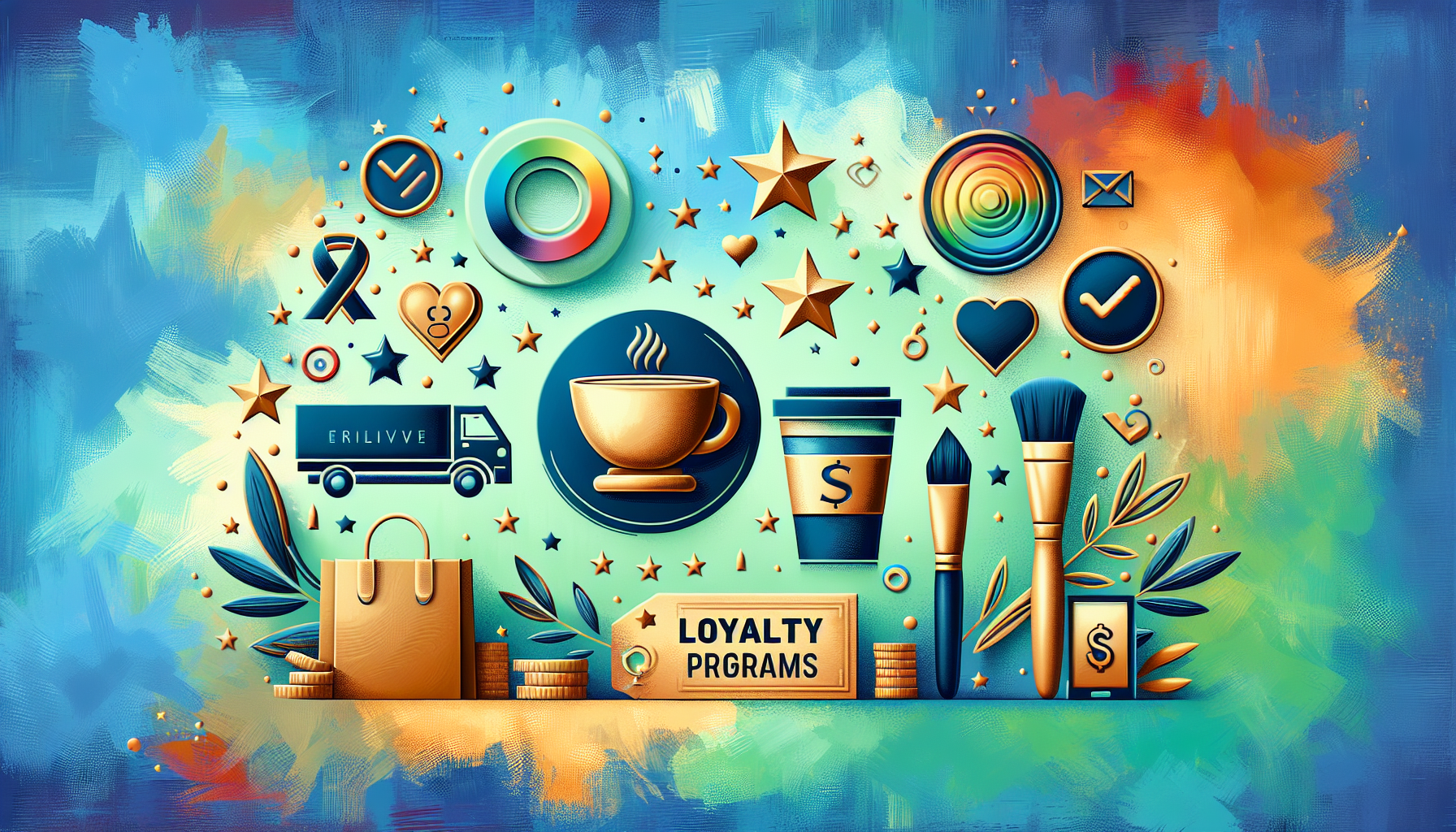 Illustration of a diverse group of people standing in front of stores with various loyalty program icons and symbols above, showcasing rewards, points, and referral promotions offered by an advanced loyalty platform.