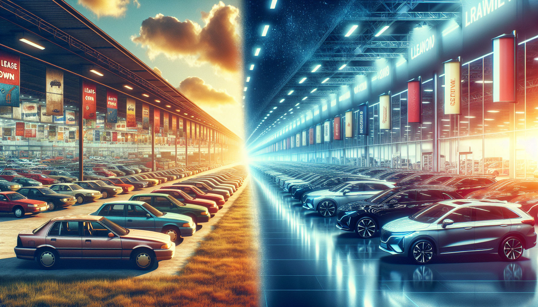An image divided into two: the left shows a sunset-lit outdoor car lot with many parked cars; the right showcases a sleek, futuristic indoor car showroom bathed in bright lighting, perfect for exploring credit-friendly car leasing options.