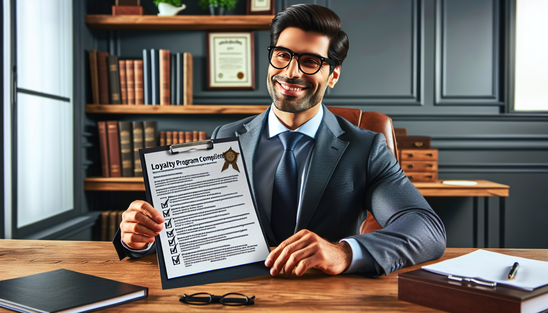 A man in a suit and tie sits at a desk in an office, smiling and displaying a clipboard that reads "Loyalty Program Completion," showcasing his successful reward program design.