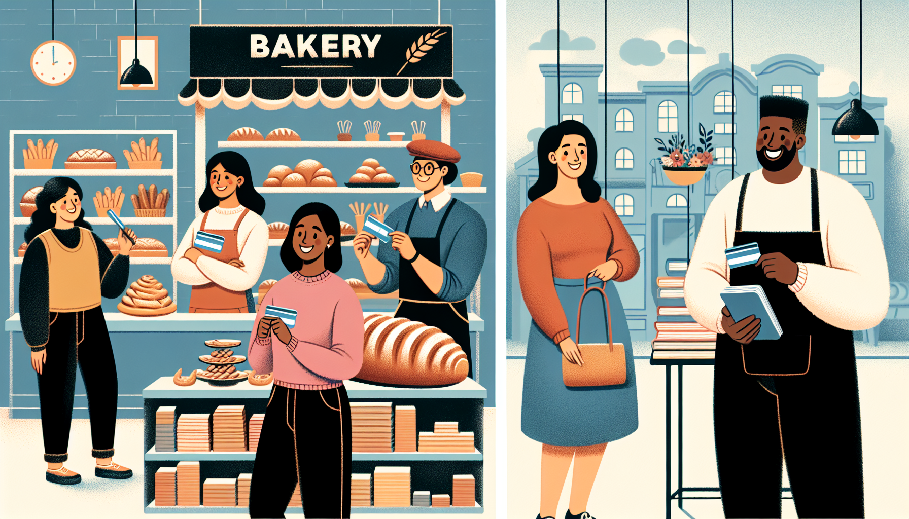 Illustration of people shopping at a bakery. A group stands at the counter with baked goods, while a woman and man, much like Sephora VIP tiers members enjoying exclusive perks, stand separately, each holding a credit card and smiling.