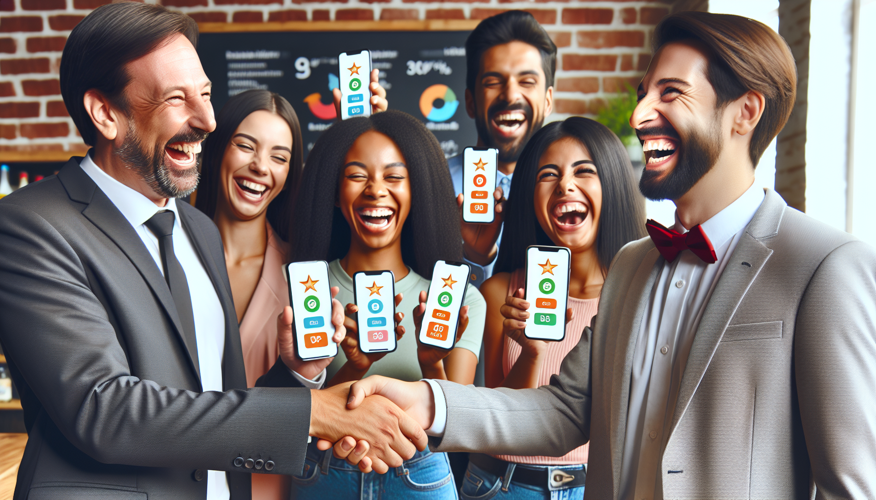 Two men in business attire shake hands while a group of five smiling people in casual clothes hold up rating signs with stars and numbers in the background, highlighting the success of their new rewards app.