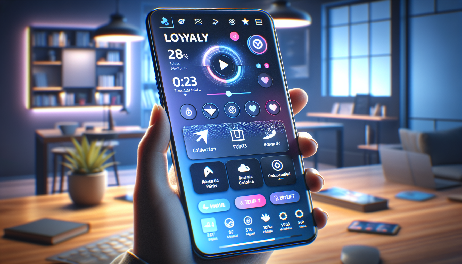 A hand holds a smartphone showcasing a colorful loyalty app interface with icons for rewards, points, and social features in a modern office setting. This innovative tool enhances customer loyalty through an engaging B2B rewards program, fostering strong business partnerships.