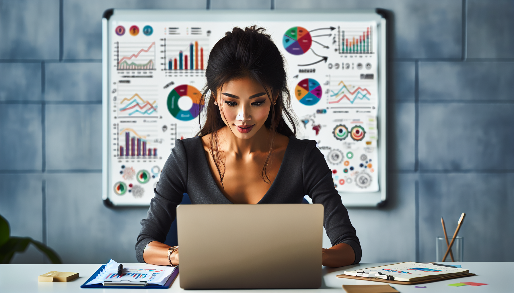 A woman sits at a desk, using a laptop with various charts and graphs displayed on the wall behind her, analyzing strategies for boosting brand loyalty.