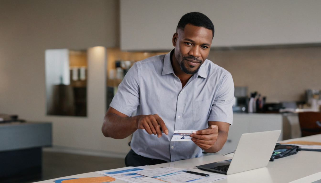 A man in a light gray shirt uses his phone to take a photo of a business card while standing by a laptop on a desk covered with papers, as he contemplates customer engagement strategies.