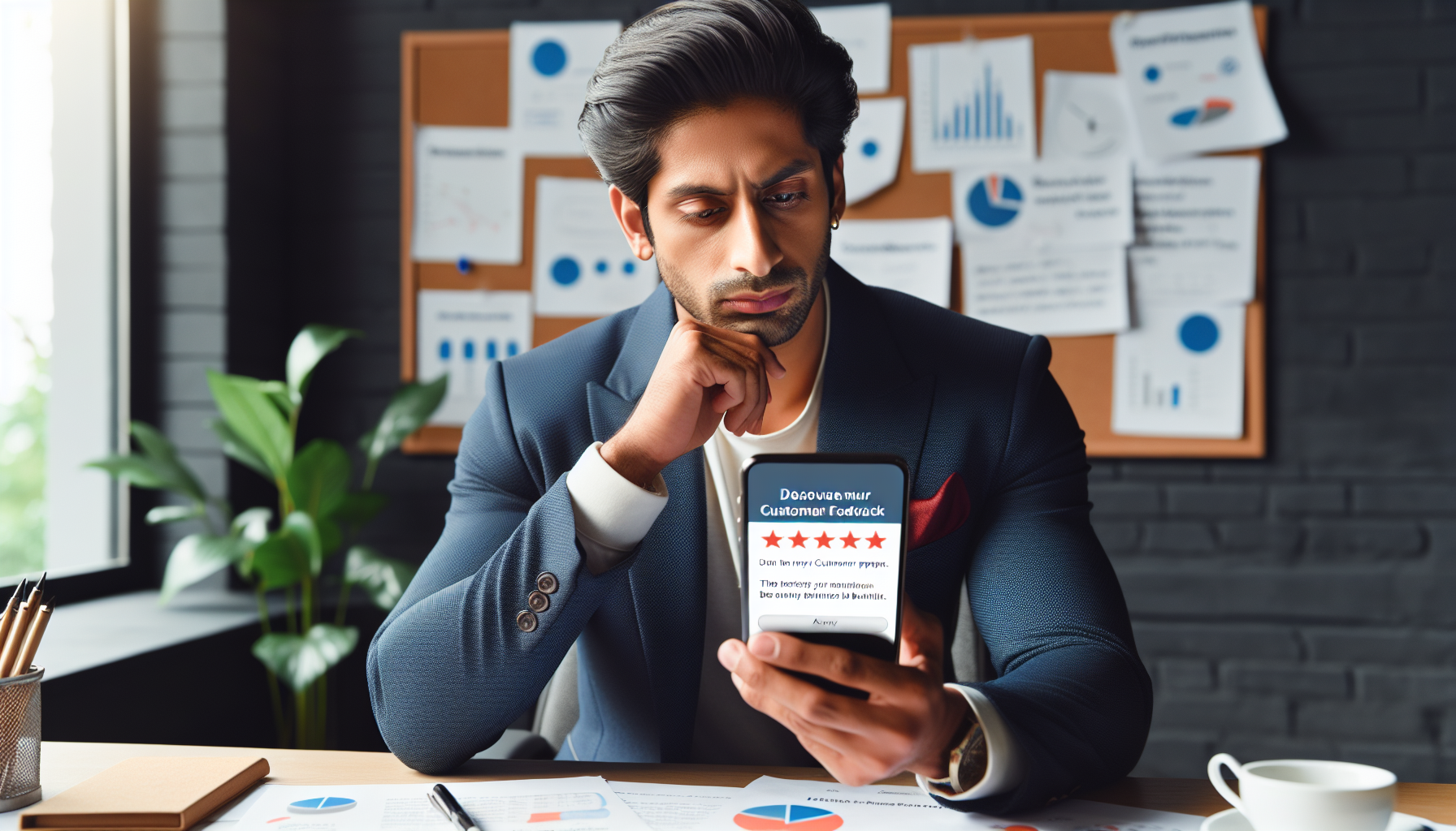 A man in a business suit is sitting at a desk, looking thoughtfully at his phone. A screen showing a five-star customer feedback reflects his dedication to customer satisfaction. The background includes a bulletin board with charts and graphs.