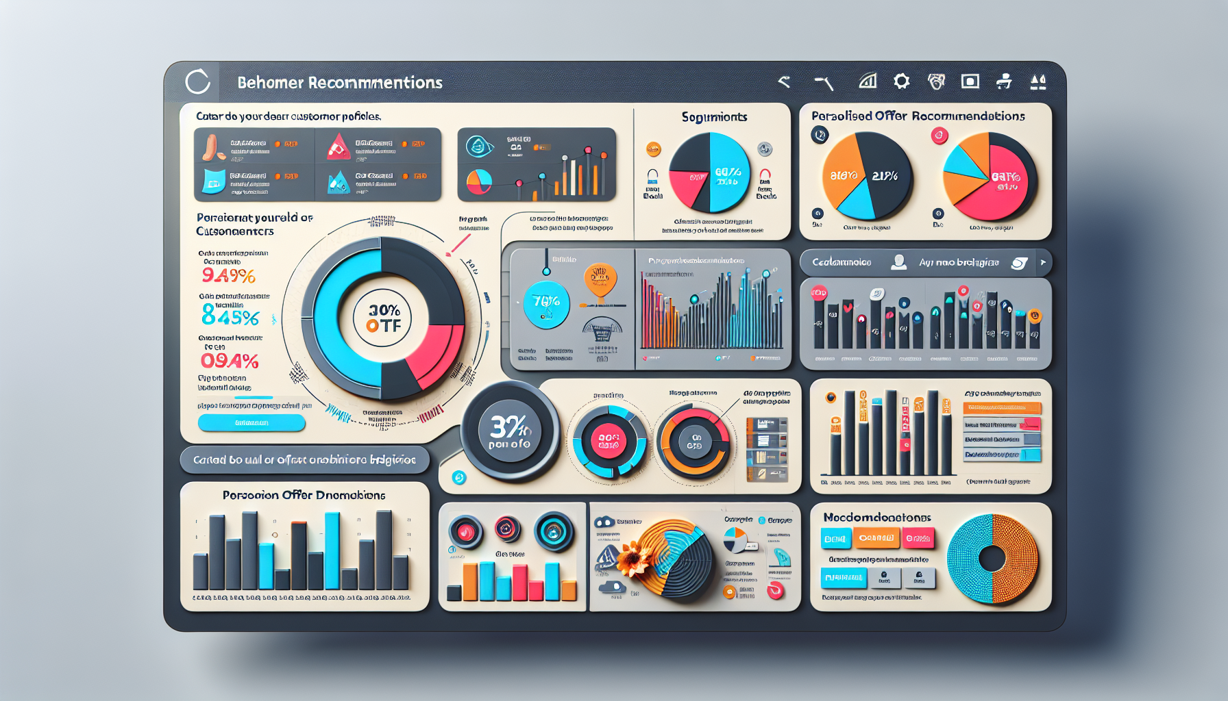 A dashboard displaying graphs and charts titled "Behomor Recommendations," showcasing data on customer profiles, product segments, personalized offer recommendations, and macro-demographics with insights akin to Starbucks member rewards.