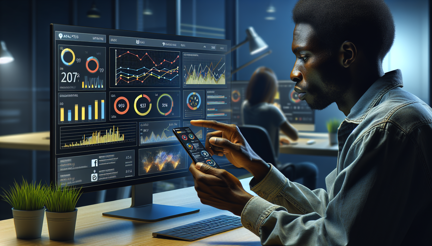 A person sits at a desk pointing at a mobile phone, with a large monitor displaying various charts, graphs, and data analytics in the background, reflecting client preferences.