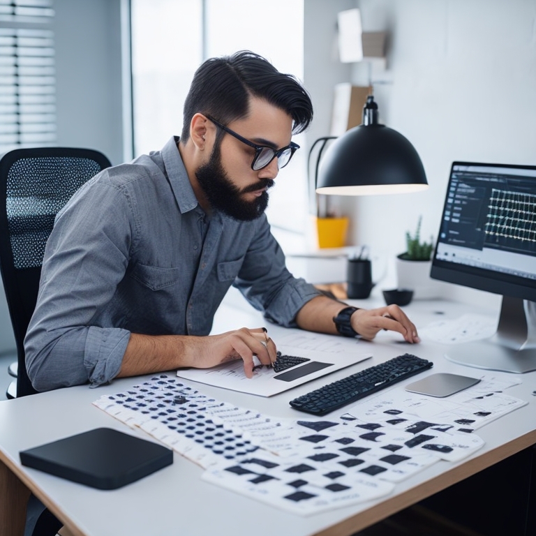 A man with glasses and a beard works at a desk with a computer, keyboard, and various charts and documents spread out. An office lamp and office supplies are also visible as he analyzes data on a digital punch card system.