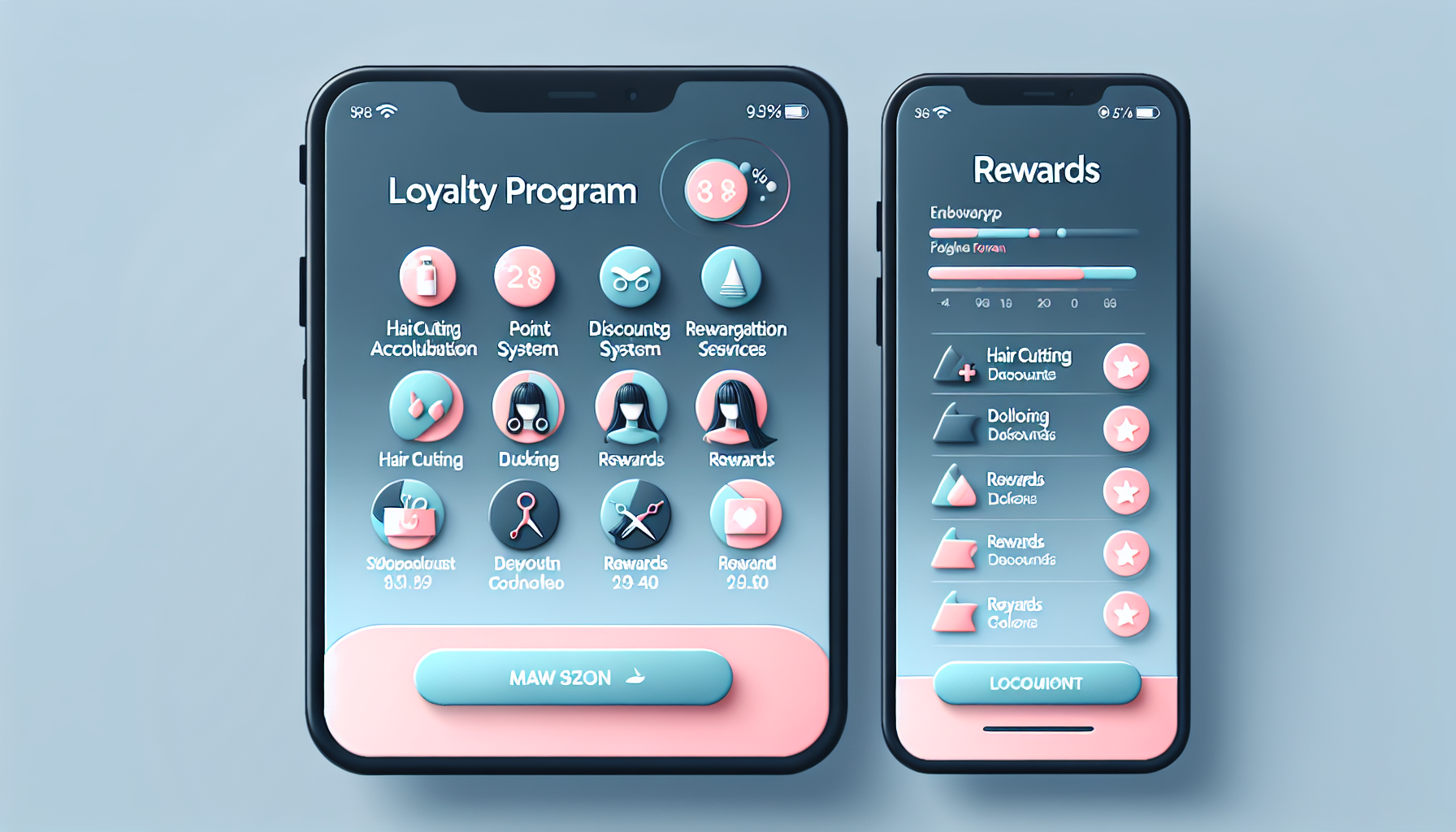 Two smartphone screens showcasing a loyalty program app interface for the beauty industry, featuring service icons like hair cutting and rewards. With a rewards progress bar and navigational buttons, this tool enhances client engagement through enticing loyalty incentives.