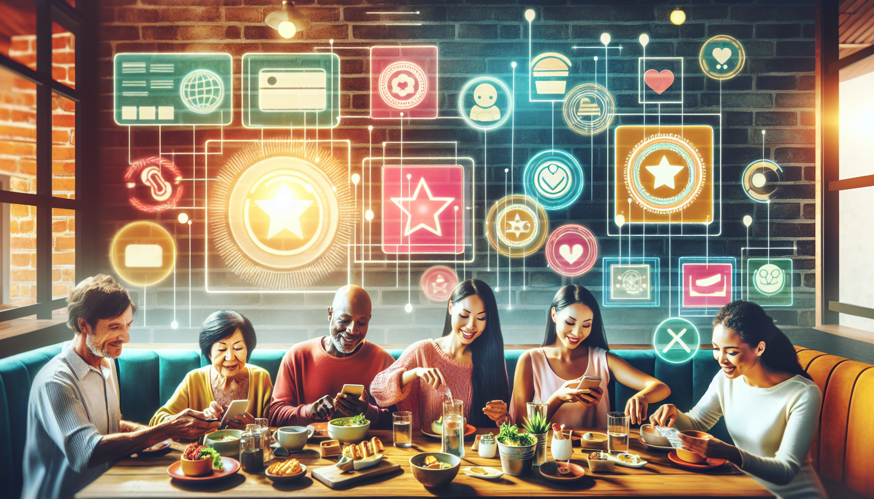 Diverse group of five people using smartphones at a cafe table with digital icons of a restaurant loyalty program floating above them.