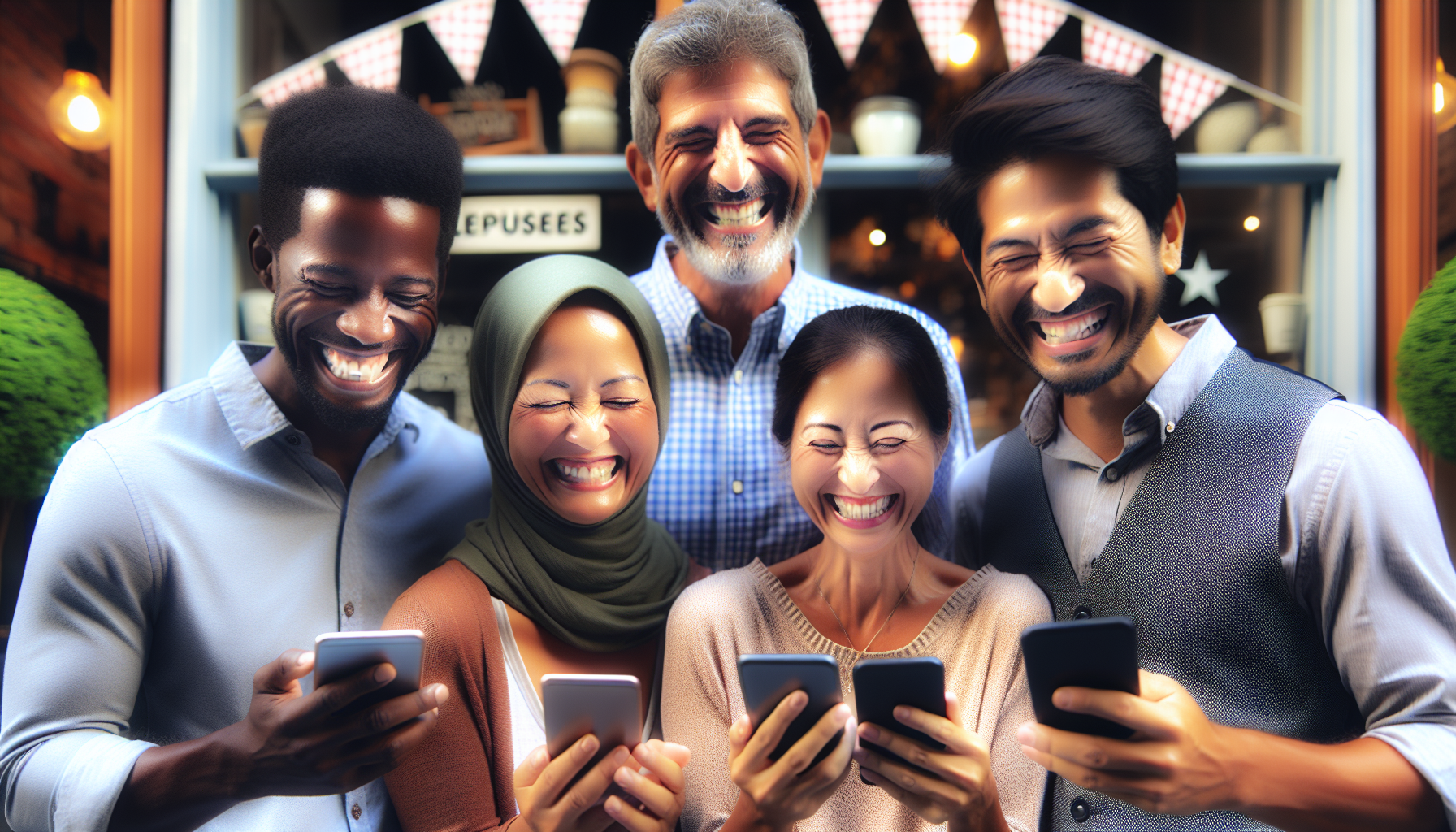 Five people standing together, smiling and looking at their smartphones. They appear to be enjoying a shared humorous moment, possibly discovering new perks from a loyalty card app they all use as part of a small business loyalty program.