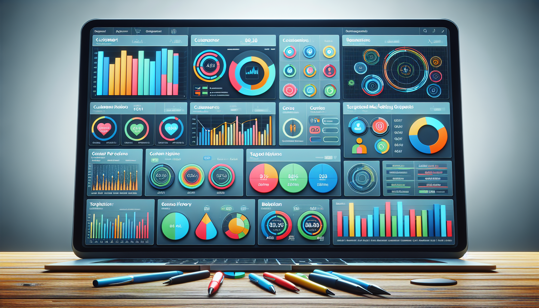 A laptop displays a colorful dashboard with various charts, graphs, and data visualizations on customer loyalty programs. In front of it, several pens are scattered on a wooden surface.