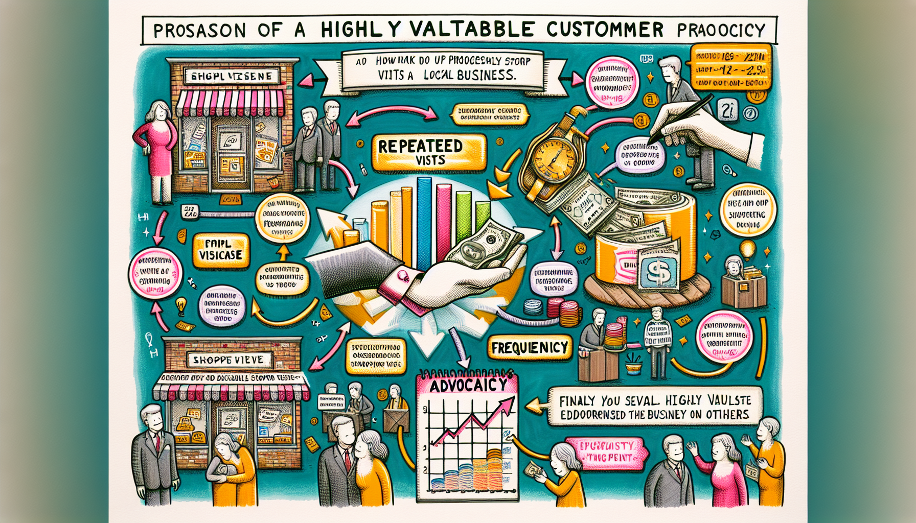 Illustration explaining the benefits of loyal customers for local businesses, featuring repeat visits, increased spending, and word-of-mouth advocacy, with a central focus on financial growth and highlighting loyalty program benefits.