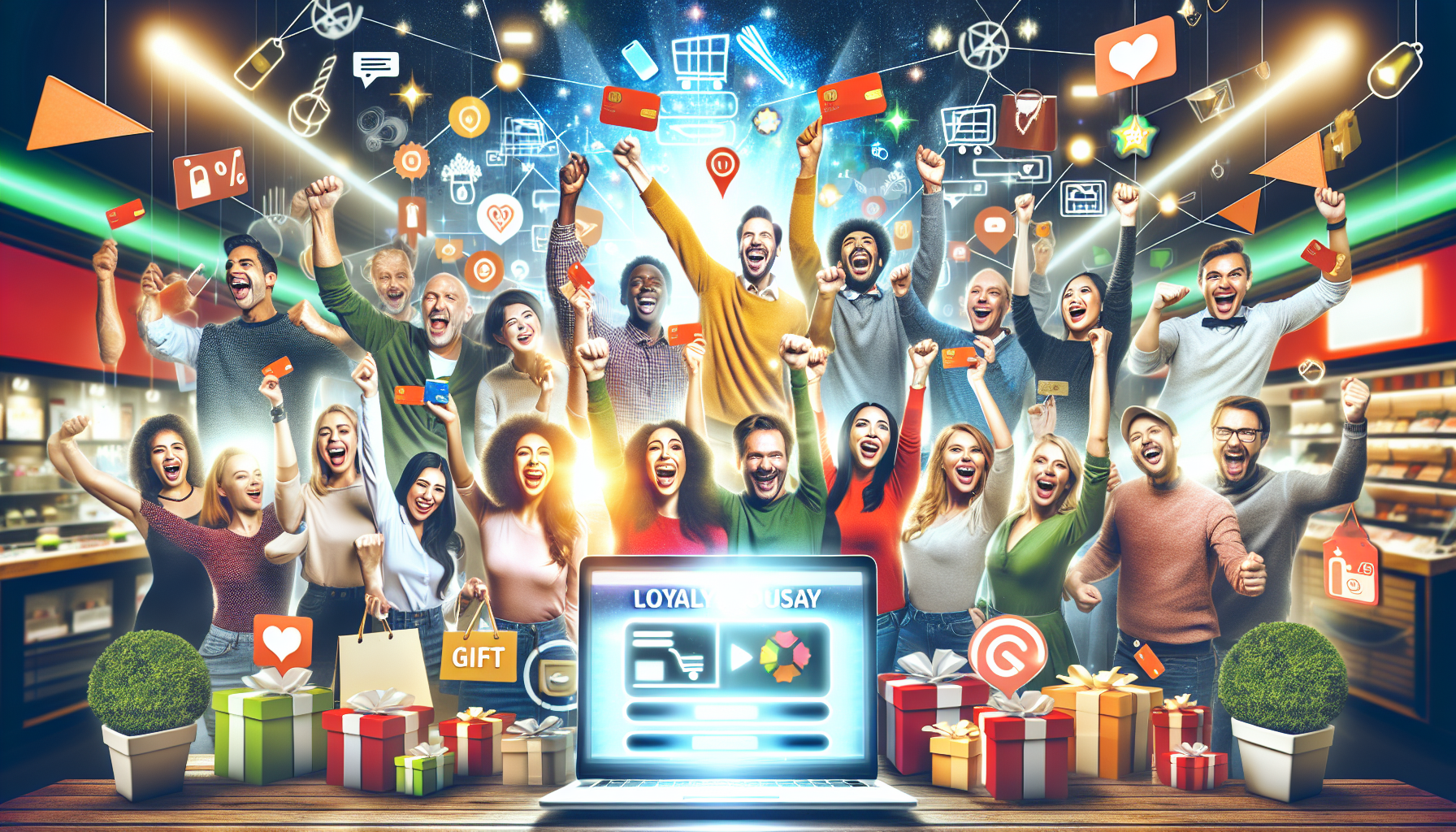 A diverse group of people celebrate in a vibrant store setting with a glowing laptop displaying rewards software for loyalty program management, surrounded by gift boxes and various icons signifying social media and digital engagement.