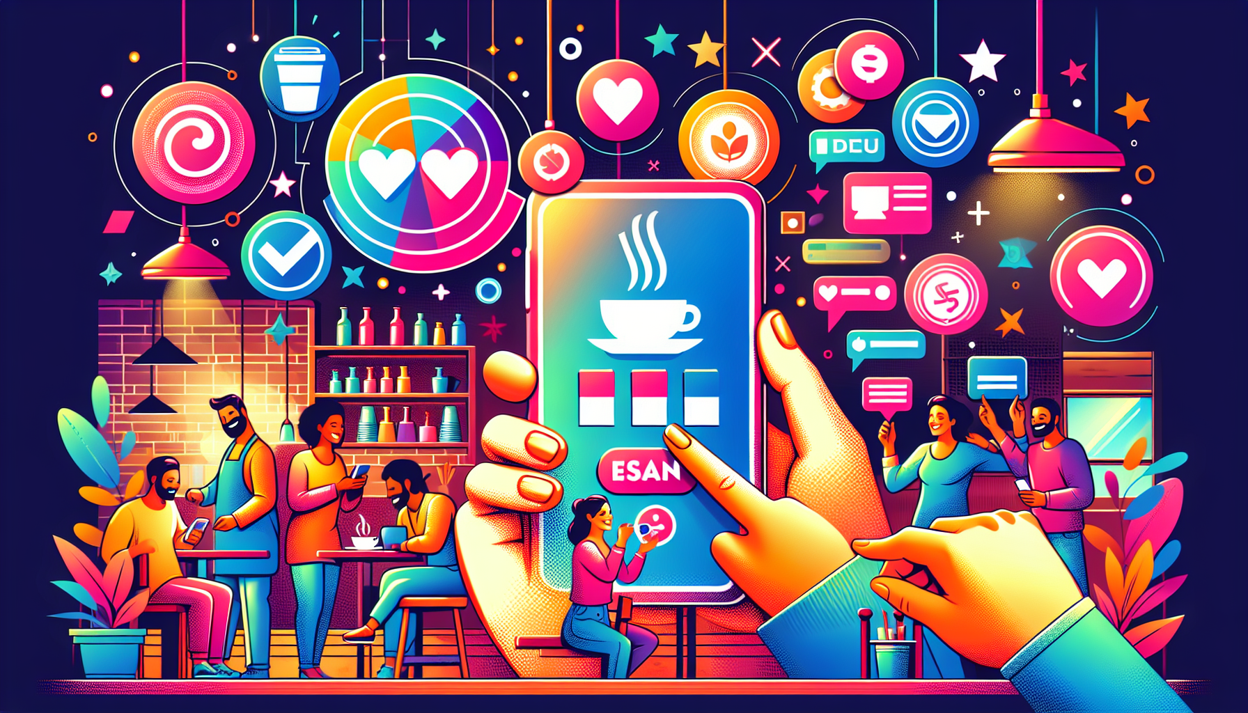 Illustrated scene of a lively café filled with people interacting, with a central phone screen displaying a coffee app. Surrounding icons represent social interactions, notifications, and various activities, highlighting customer loyalty programs.