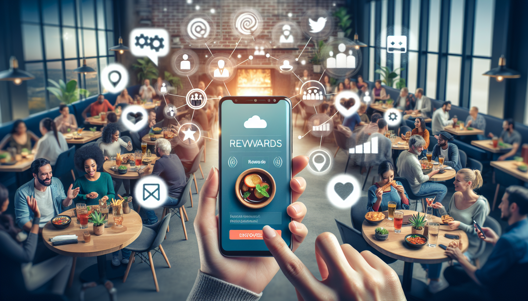 A person in a restaurant holds a smartphone displaying a restaurant rewards program app while diners eat at tables. Icons surround the phone, such as a heart, gear, and Wi-Fi signal, indicating various app features designed to boost customer retention in restaurants.