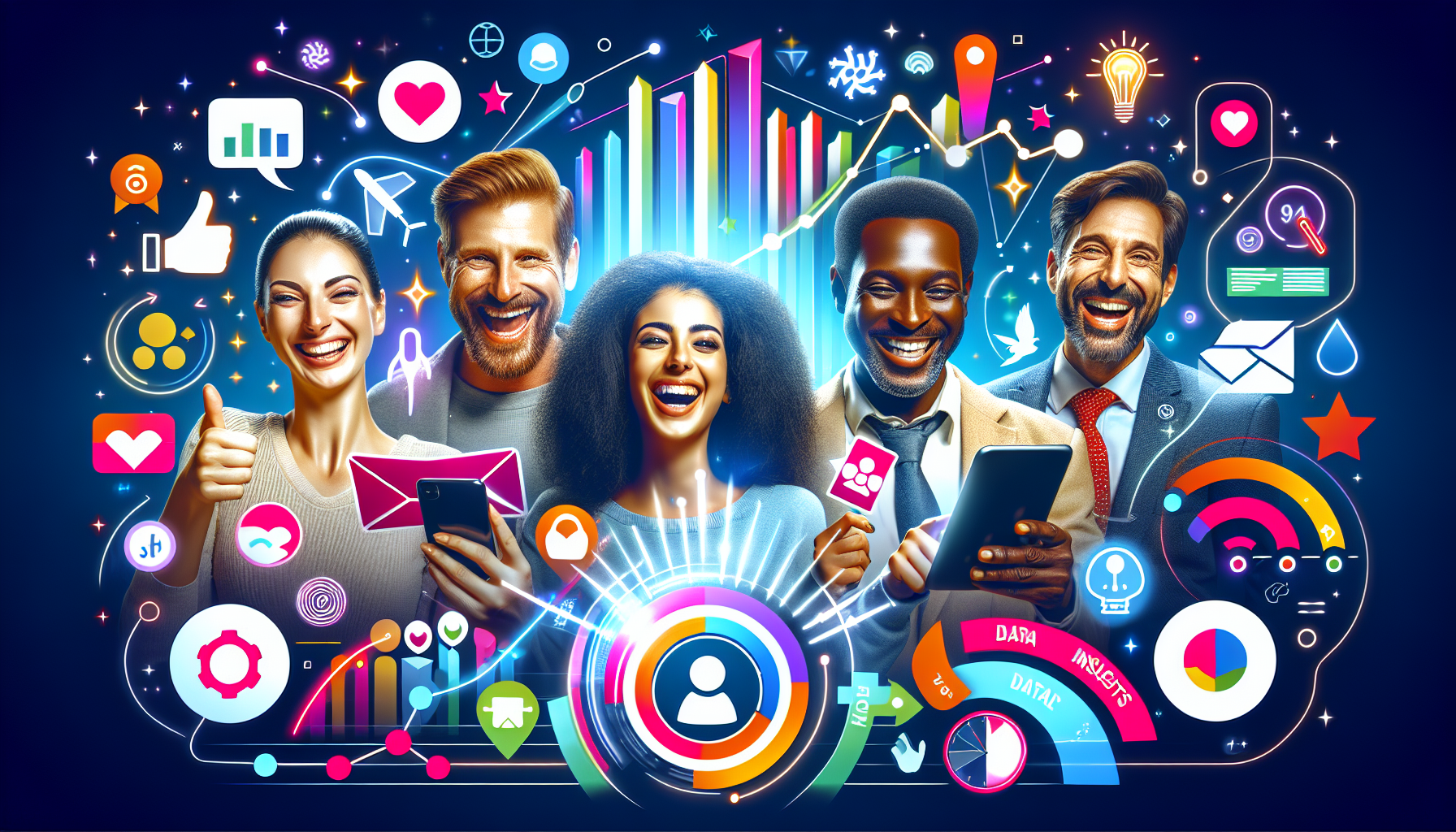 A diverse group of five people smile while using various electronic devices, engaging with colorful data charts, graphs, and social media icons, as they explore features of a Loyalty Card App.