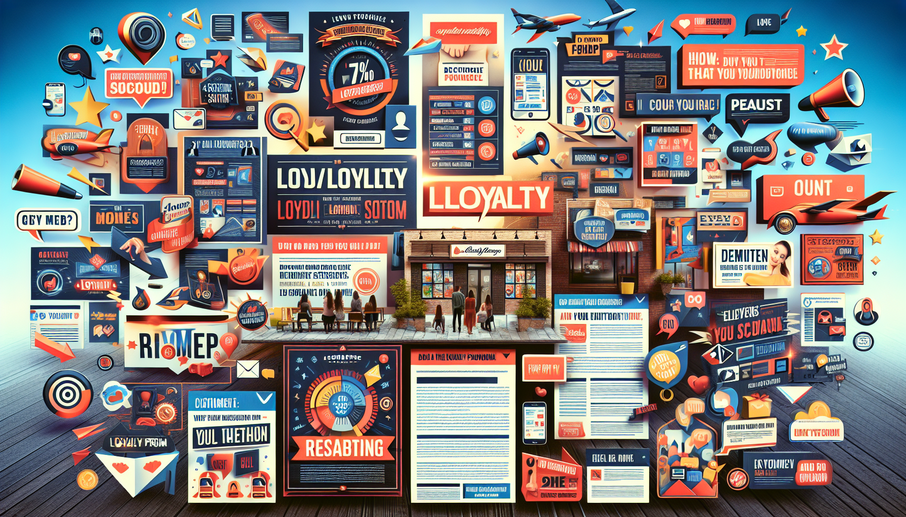 A busy collage of colorful advertisements is displayed around a central storefront labeled "LOYALTY." Various promotional graphics and messages fill the surrounding space, highlighting both loyalty card for small business options and cutting-edge digital loyalty solutions.