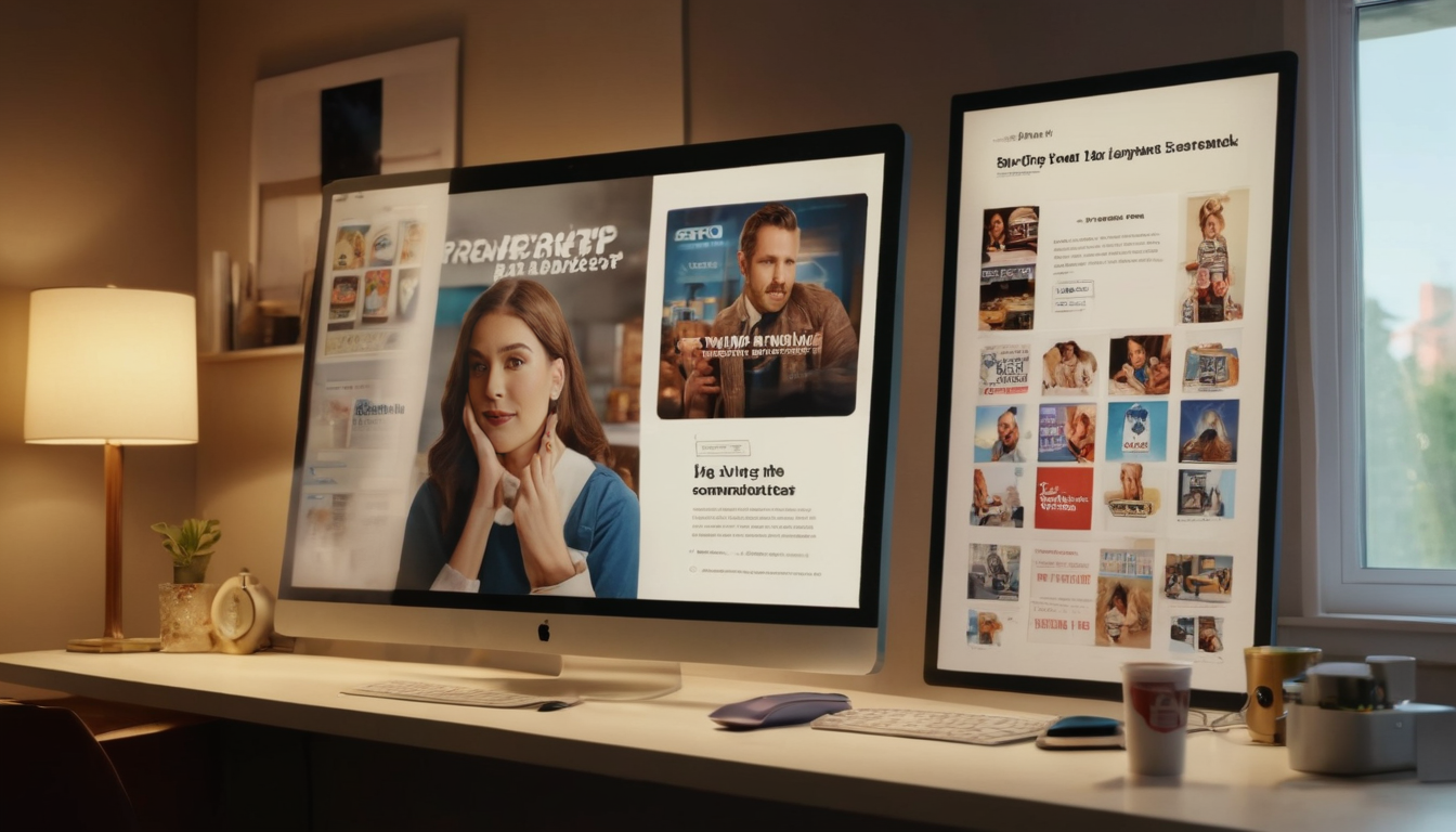 Two computer screens on a desk displaying small business loyalty software projects, with a lamp, plant, and cup of coffee nearby in a warmly lit office.