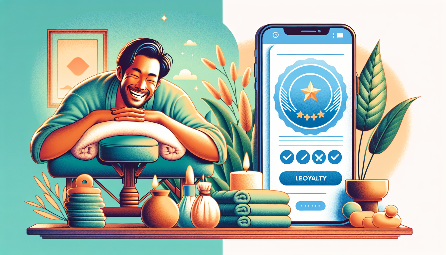 Illustration of a man smiling while receiving a massage, with a smartphone displaying a loyalty rewards app. The scene includes candles, towels, and plants, representing a relaxing spa environment that emphasizes customer retention through innovative loyalty punch cards.