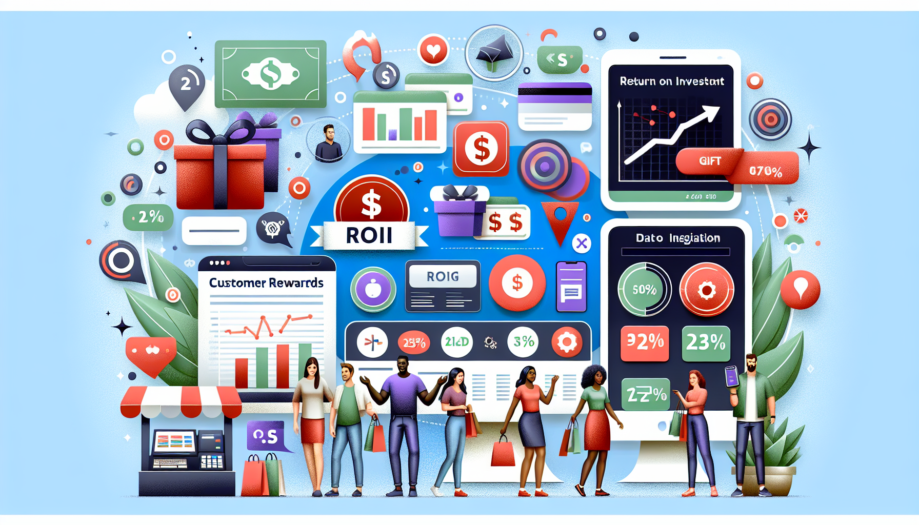 Illustration depicting various financial and marketing metrics, including return on investment, rewards management systems, and data insights. Features business professionals and icons of graphs, charts, and currency.