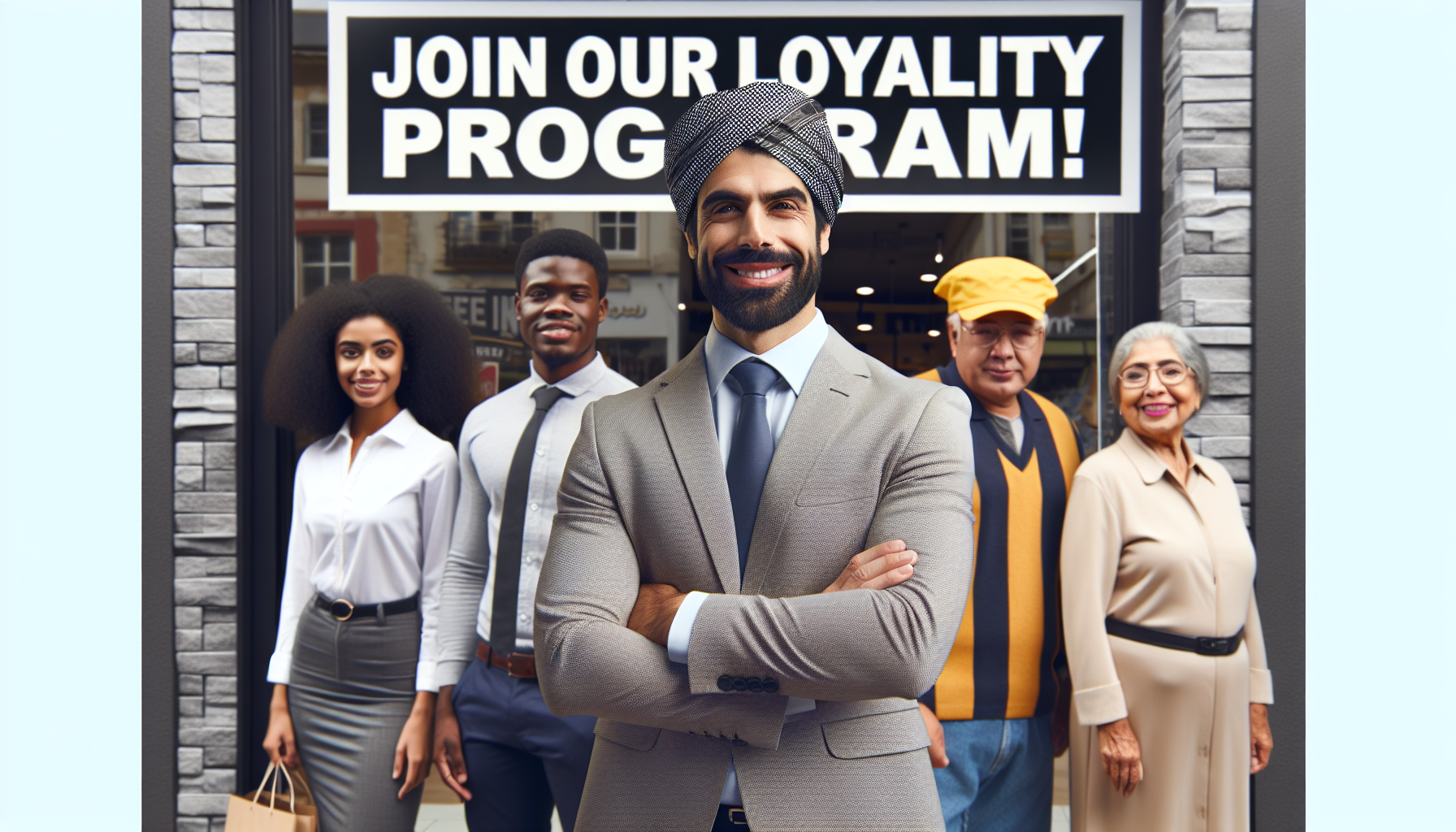 Group of five diverse people standing in front of a store sign that reads "Join our Loyalty Program!" The central figure is a man in a turban and suit smiling with arms crossed. Discover the benefits and minimal loyalty program cost today!