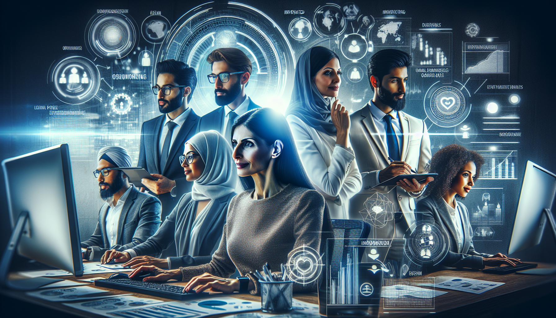 Diverse group of professionals working at computers in a high-tech office environment, surrounded by futuristic digital punch card loyalty program interfaces.