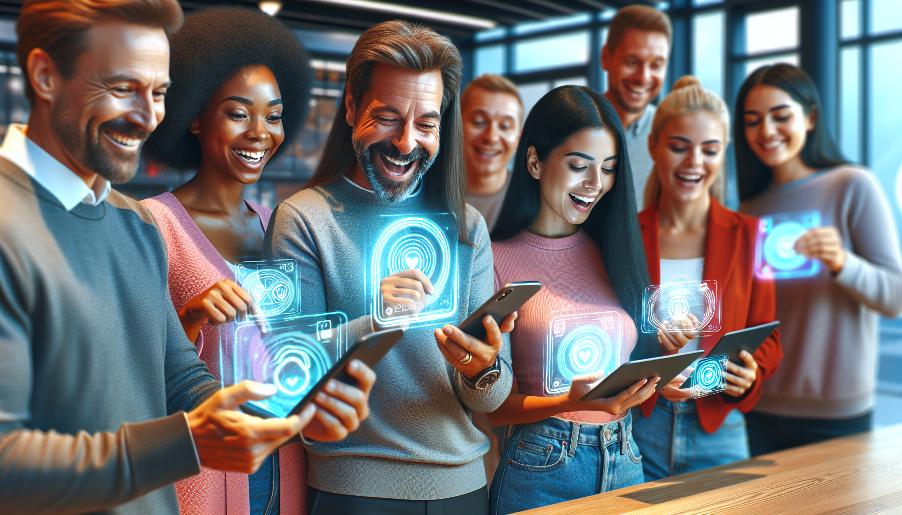 A group of people smiling and interacting with holographic interfaces on digital devices in a modern setting, exploring a Customer Rewards Program.