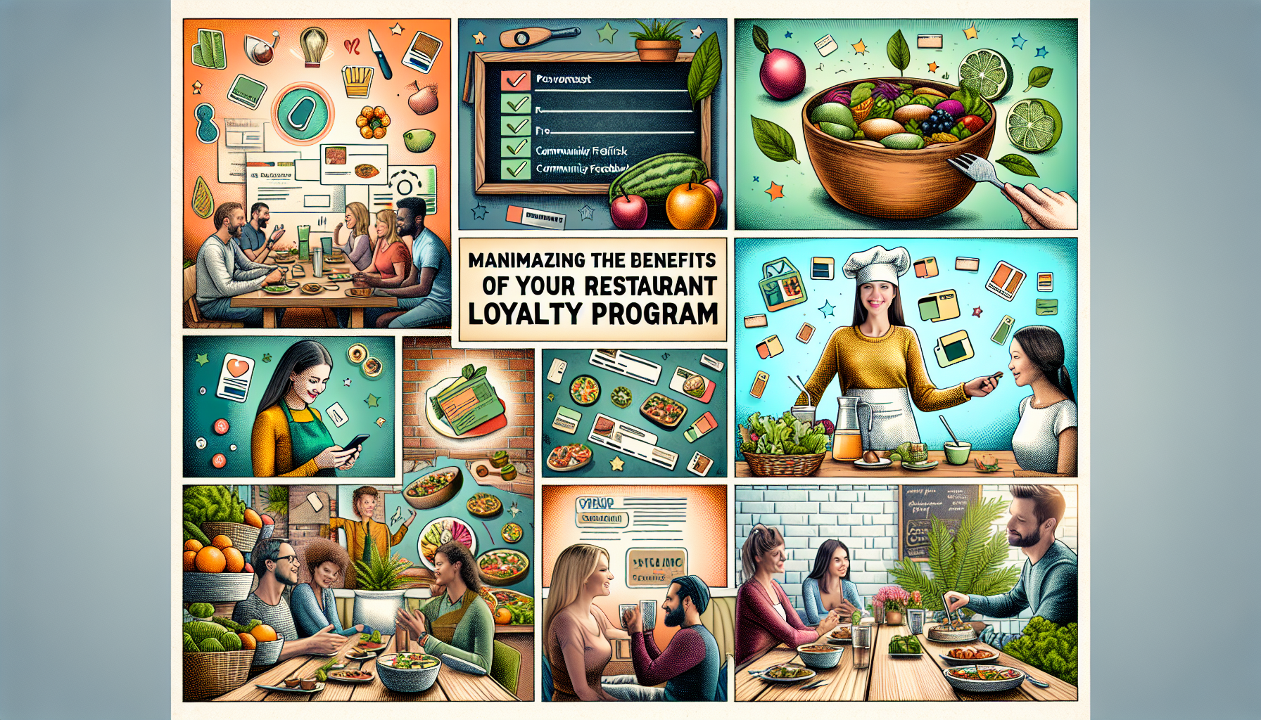 A comic-style image detailing how to maximize a Restaurant Rewards Program, including customer interactions, rewards, meal selections, and engaging visuals of a chef and diners.