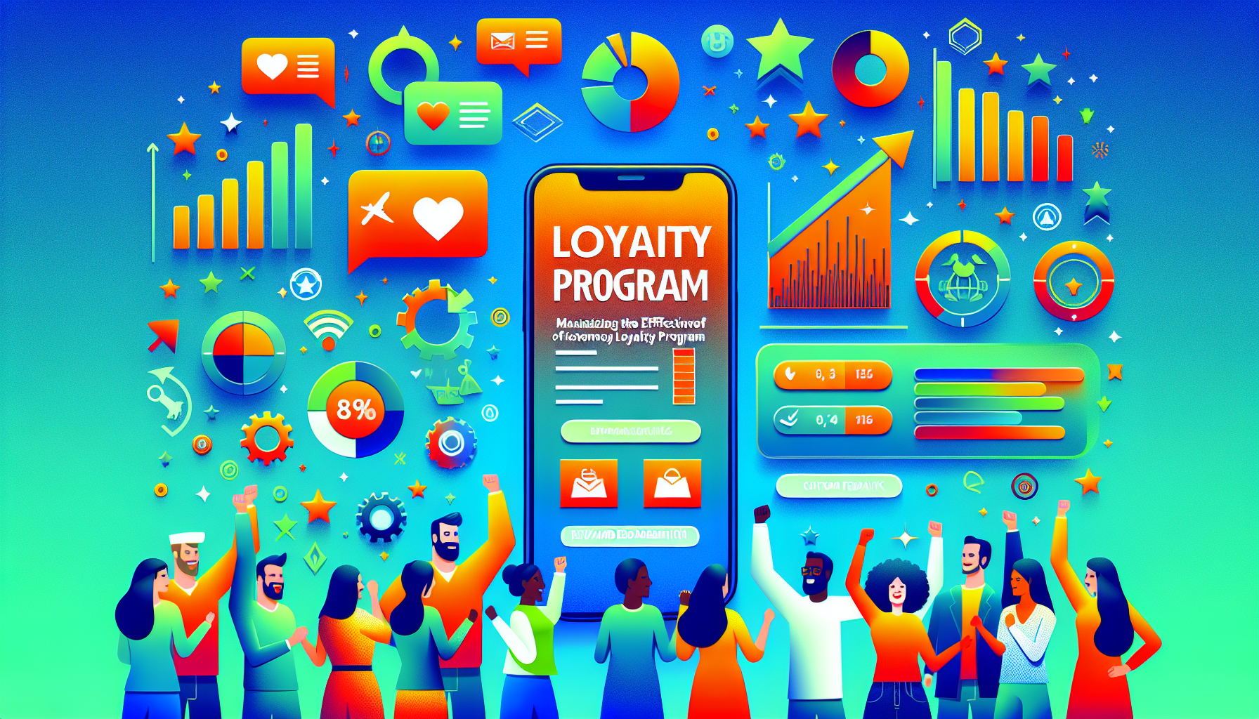 Colorful illustration of a diverse group of people celebrating around a giant smartphone displaying a customer loyalty program app, surrounded by graphs, charts, and icons representing rewards and statistics.