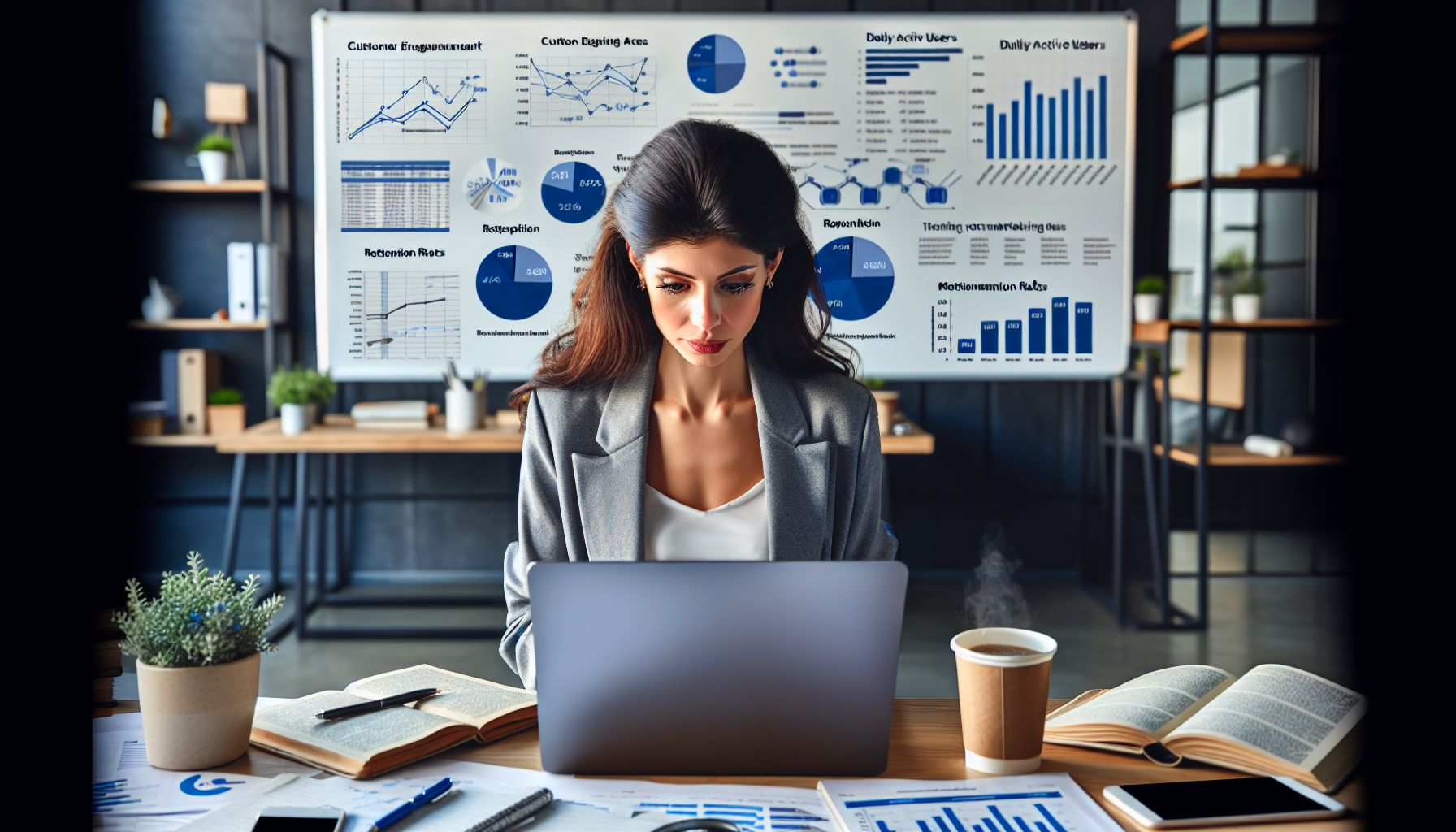 A woman works on a laptop in an office, with multiple charts and graphs displayed on a large screen behind her. The desk holds books, papers, a plant, and a coffee cup as she delves into customer retention program strategies.