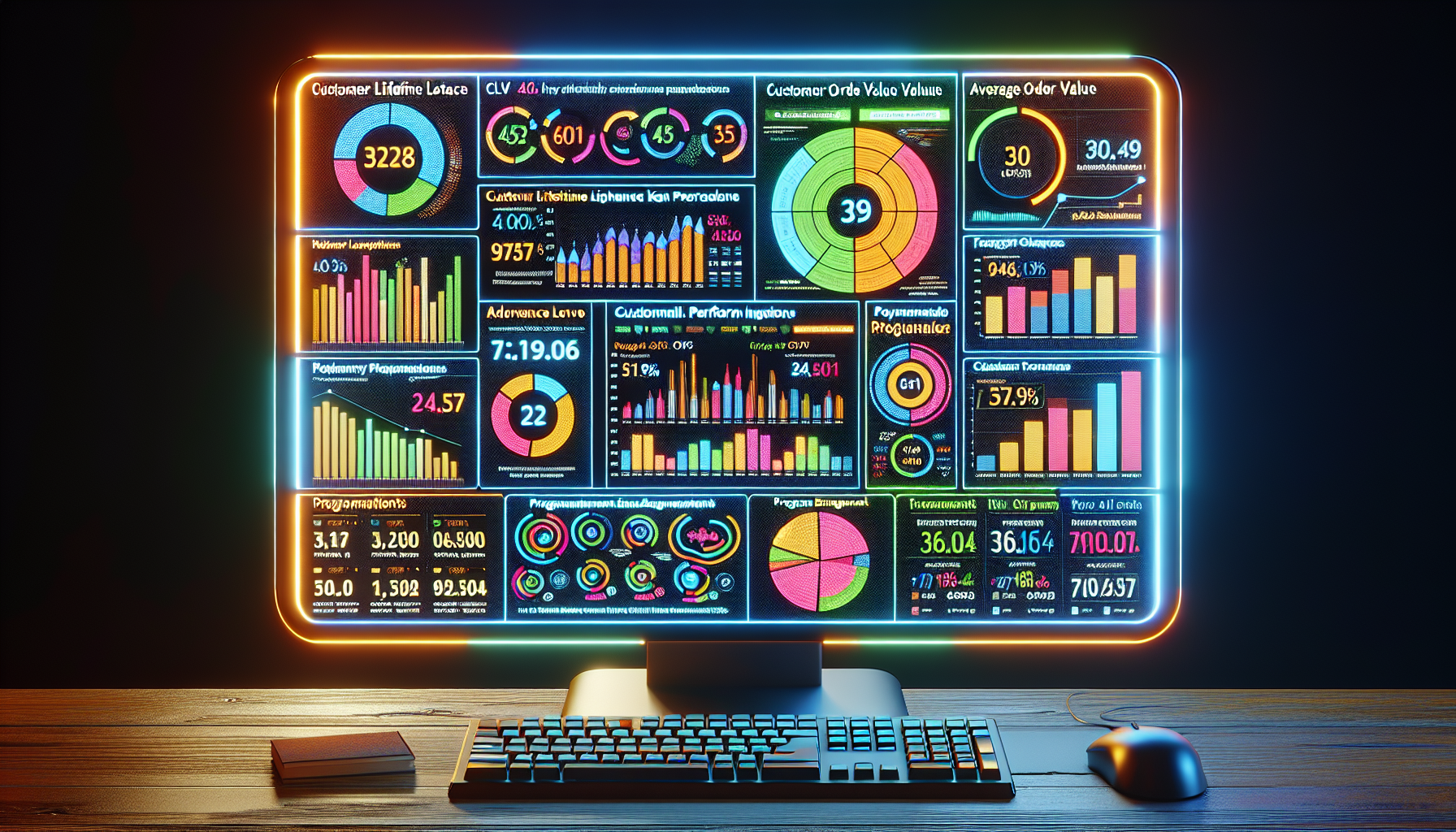 A computer monitor displaying various colorful data analytics charts and graphs with metrics like customer lifetime value, order value, and program performance on a desk with a keyboard and mouse showcases key insights for building customer loyalty.