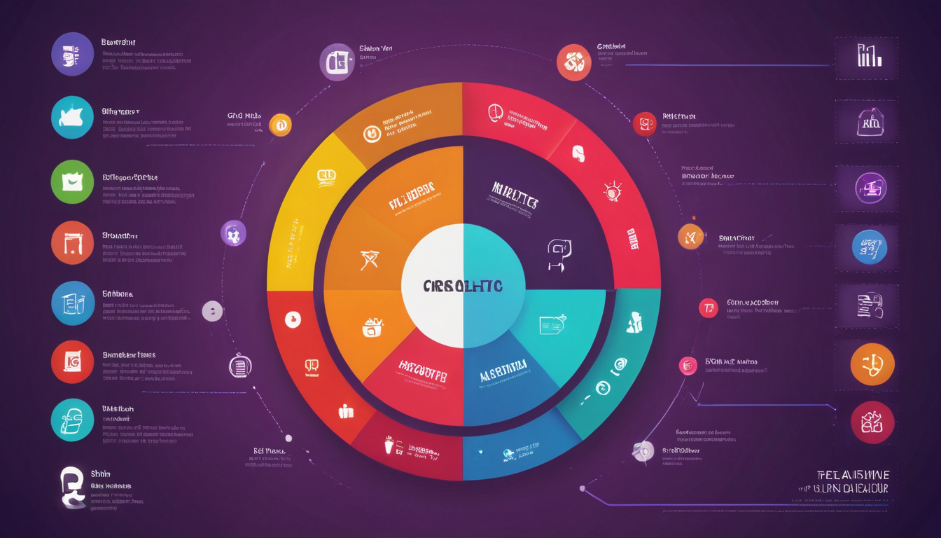 A colorful circular infographic on a purple background, divided into multiple segments representing various interconnected elements with icons and text labels around the circle, showcases effective customer engagement strategies.